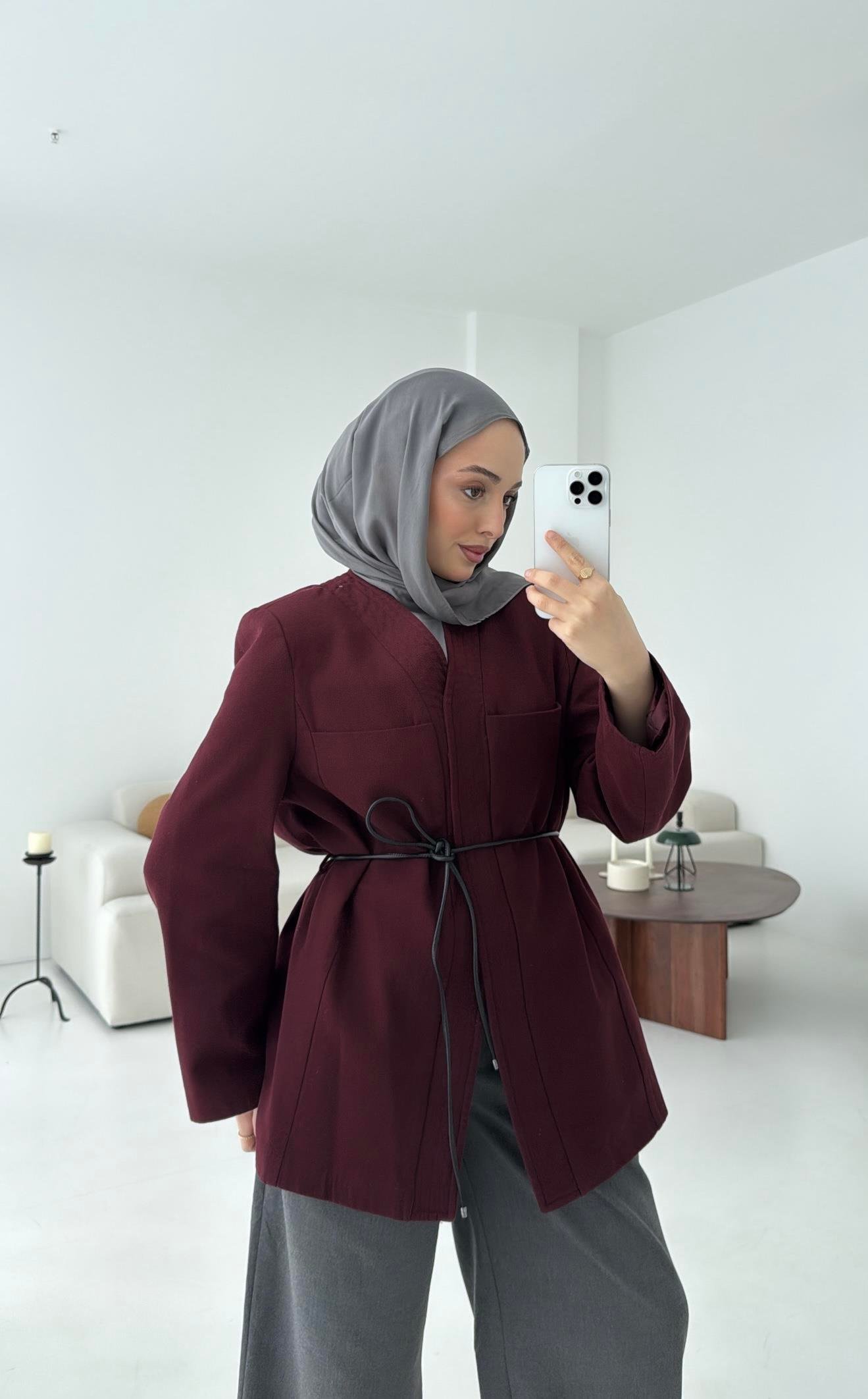 Gabardin Kemerli Ceket Bordo