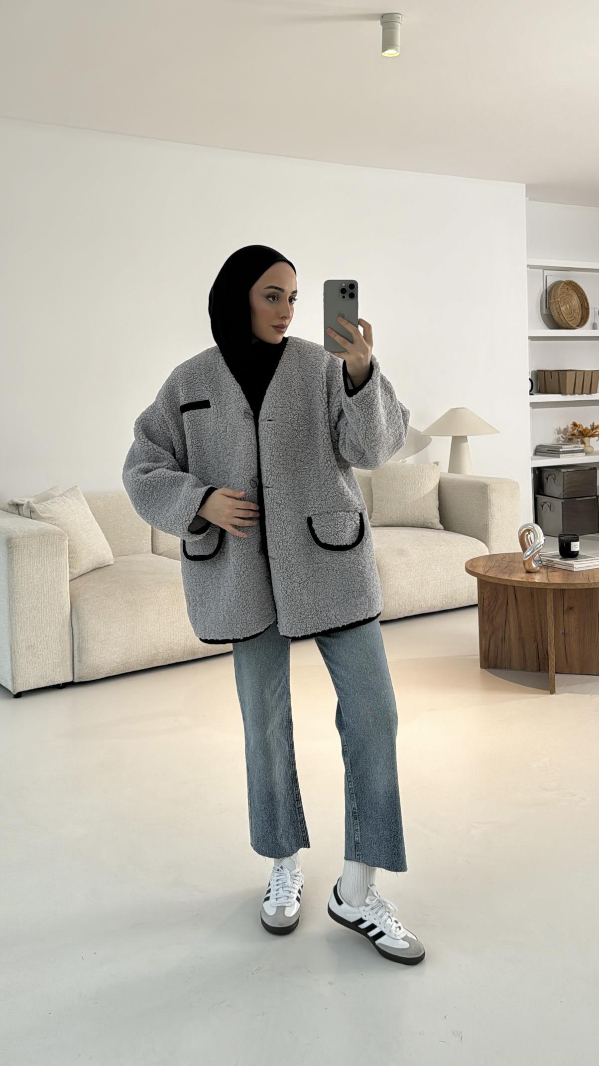 Düğmeli Oversize Teddy Ceket Gri