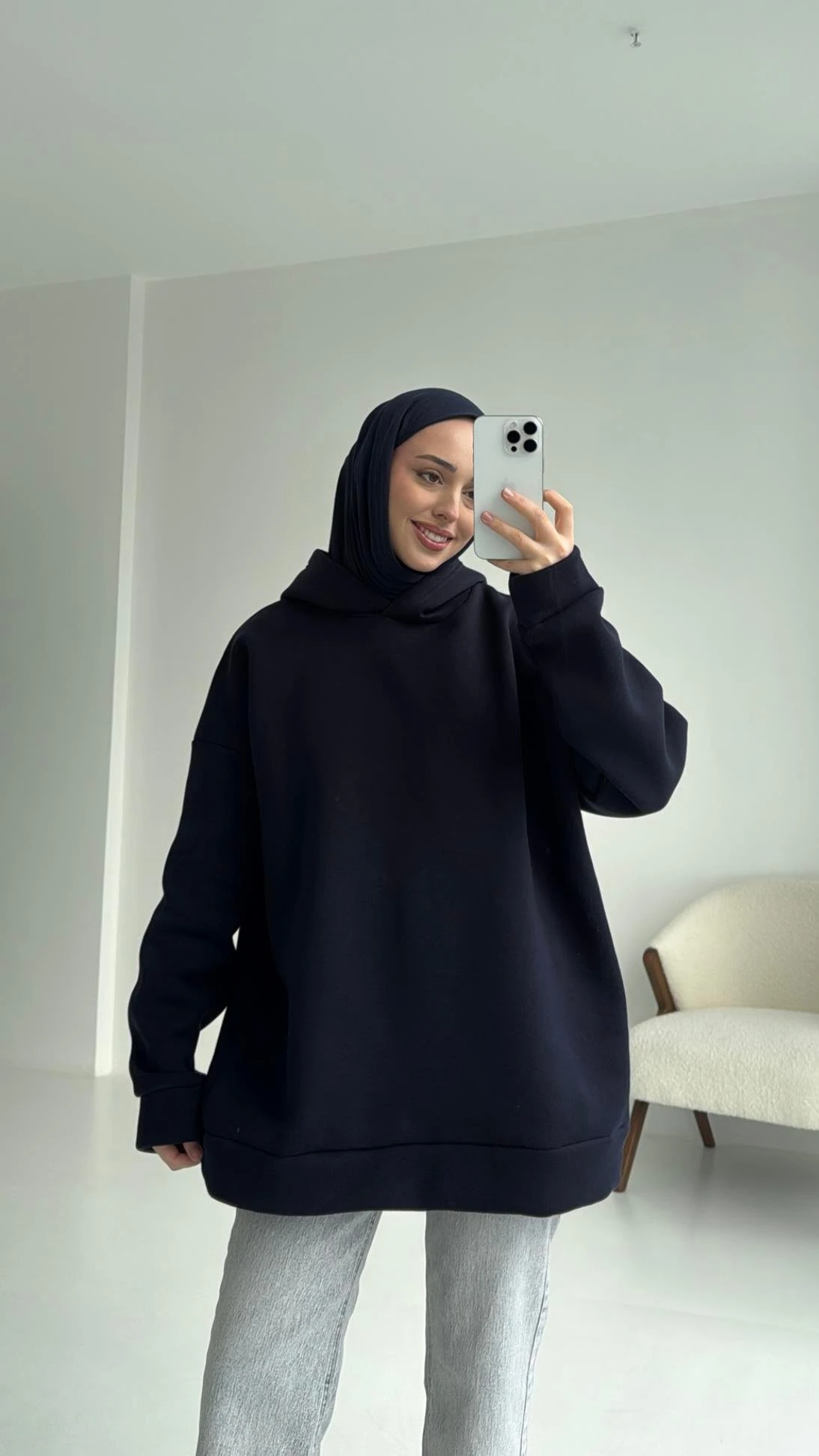 Şardonlu Oversize Lacivert Sweatshirt