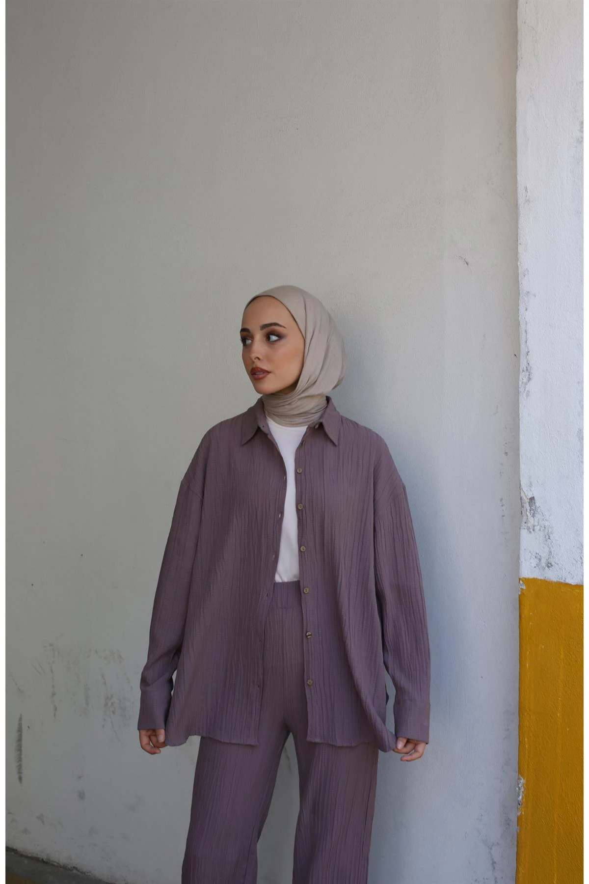 Gofre Gömlek Pantolon Takım Gül Kurusu