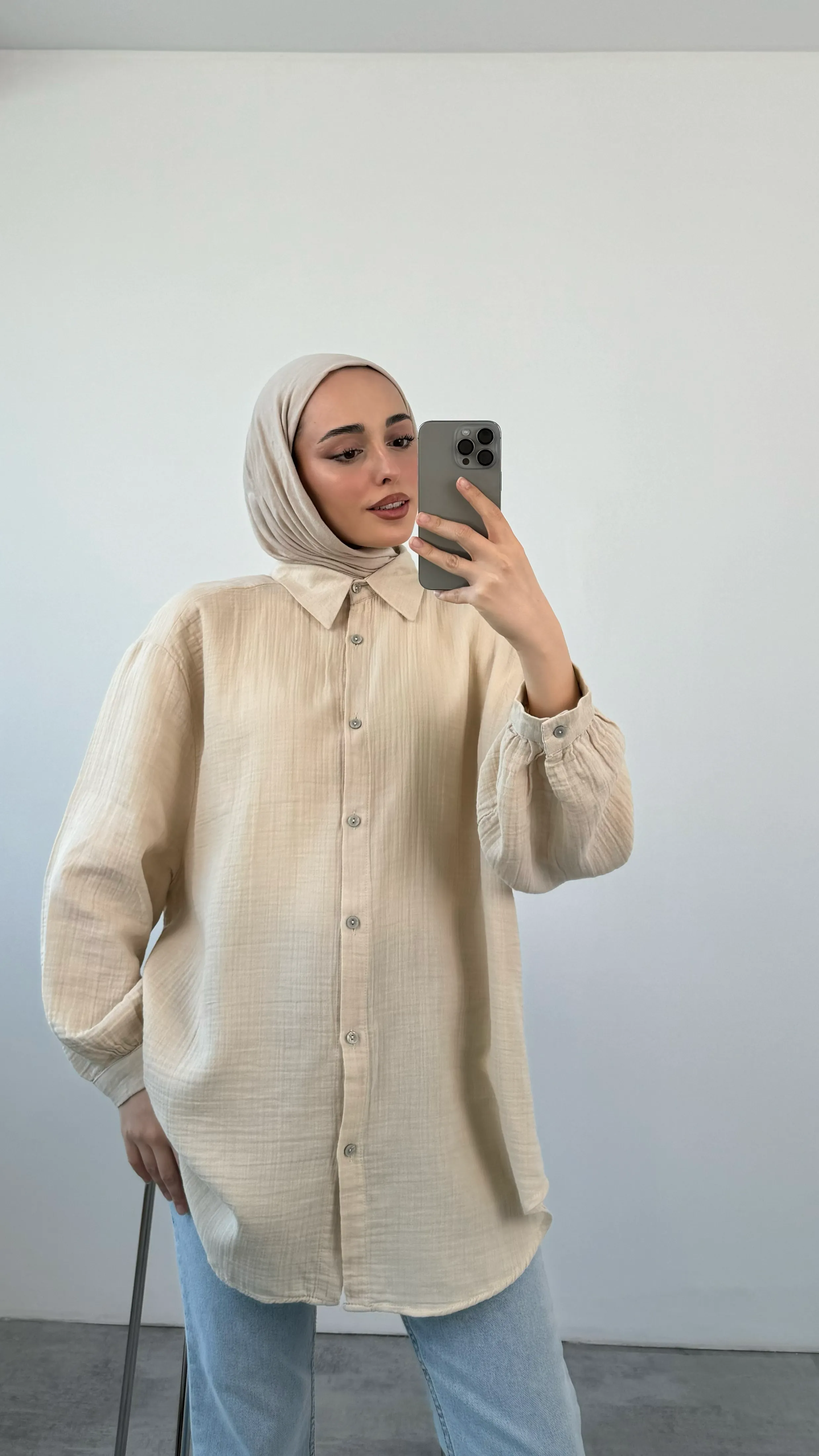 Oversize Müslin Gömlek Bej