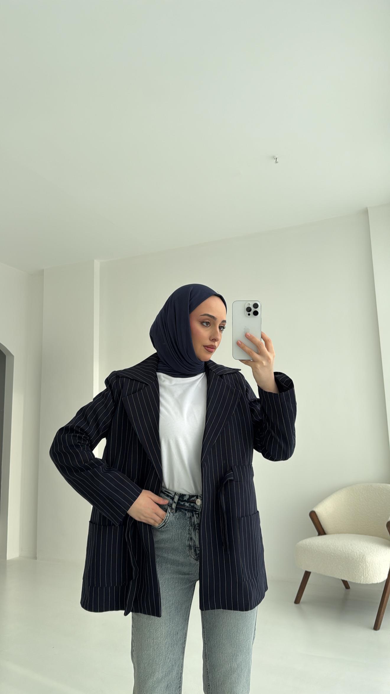 Bağlamalı Çizgili Blazer Ceket