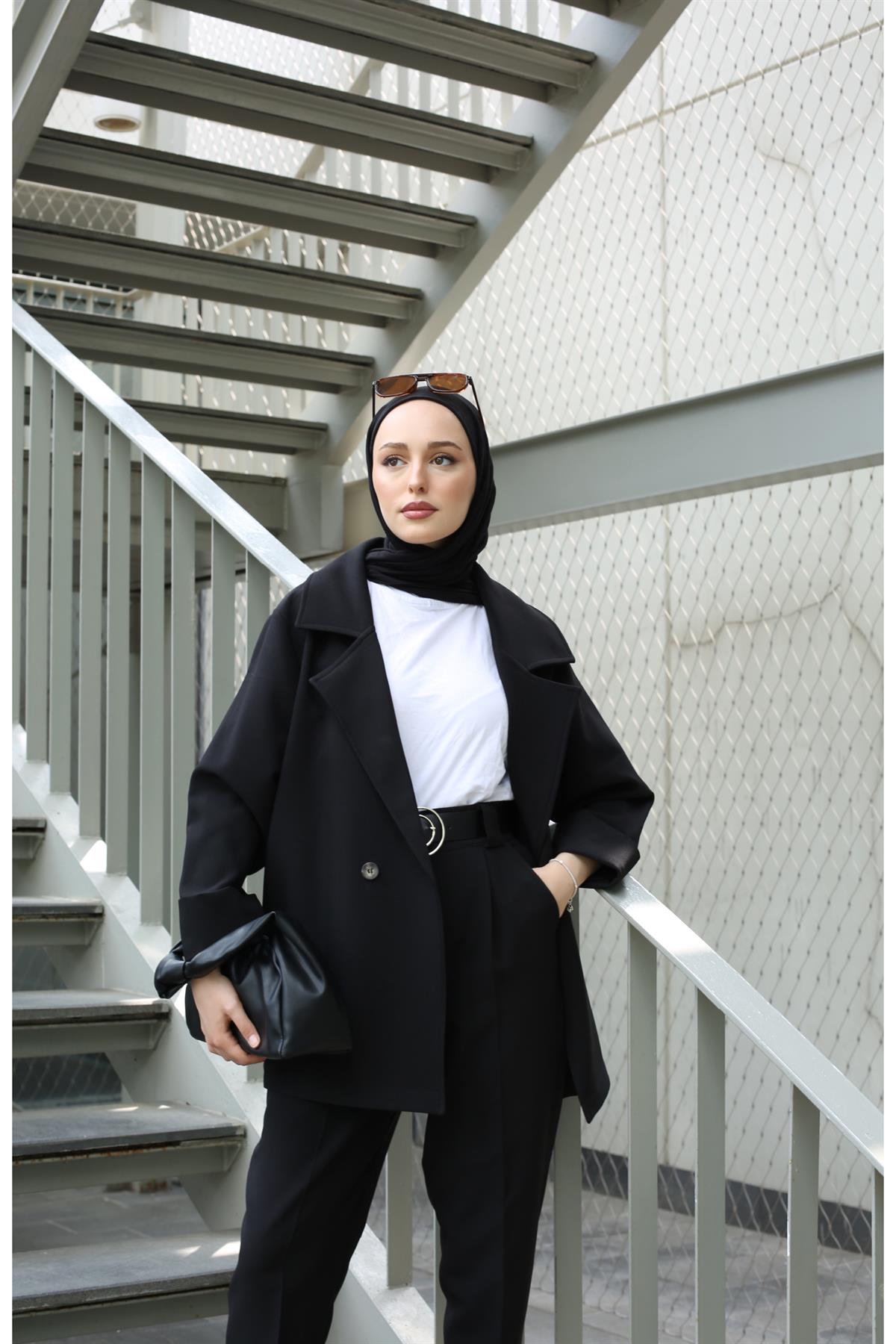 Oversize Yazlık Ceketli Takım Siyah