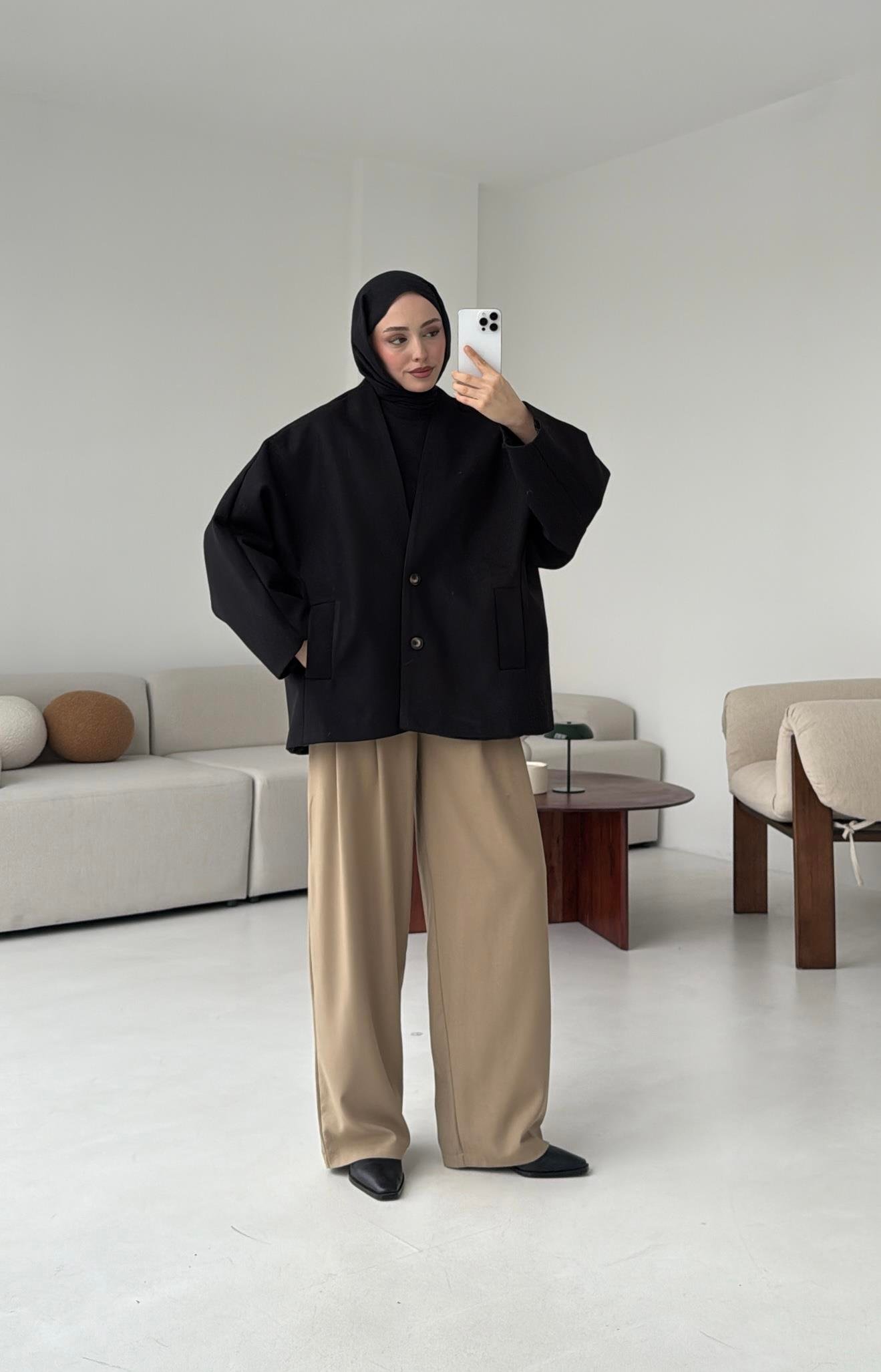 Soft Oversize Kaşe Kaban Siyah