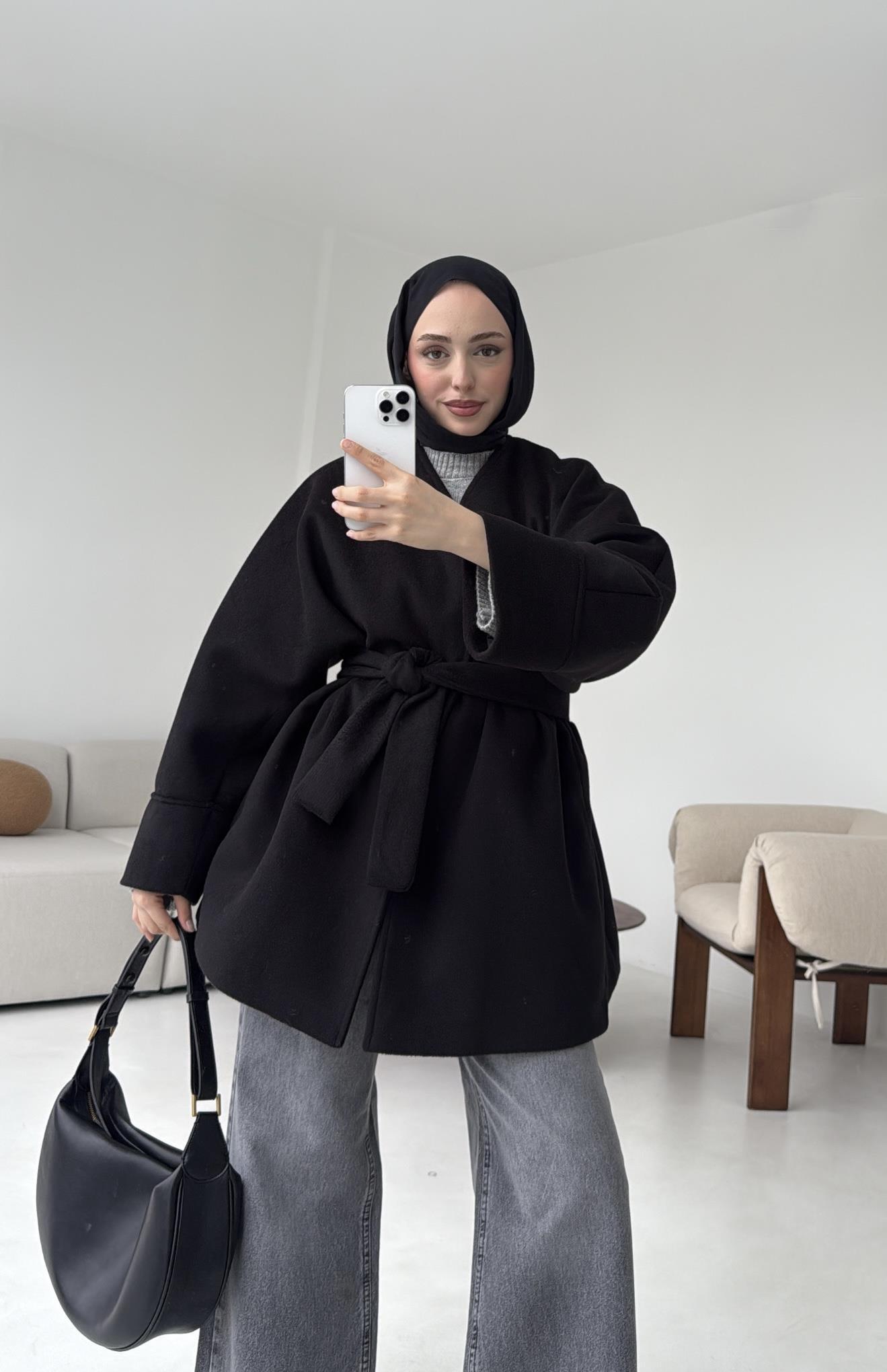 Premium Kuşaklı Kaşe Kaban Siyah