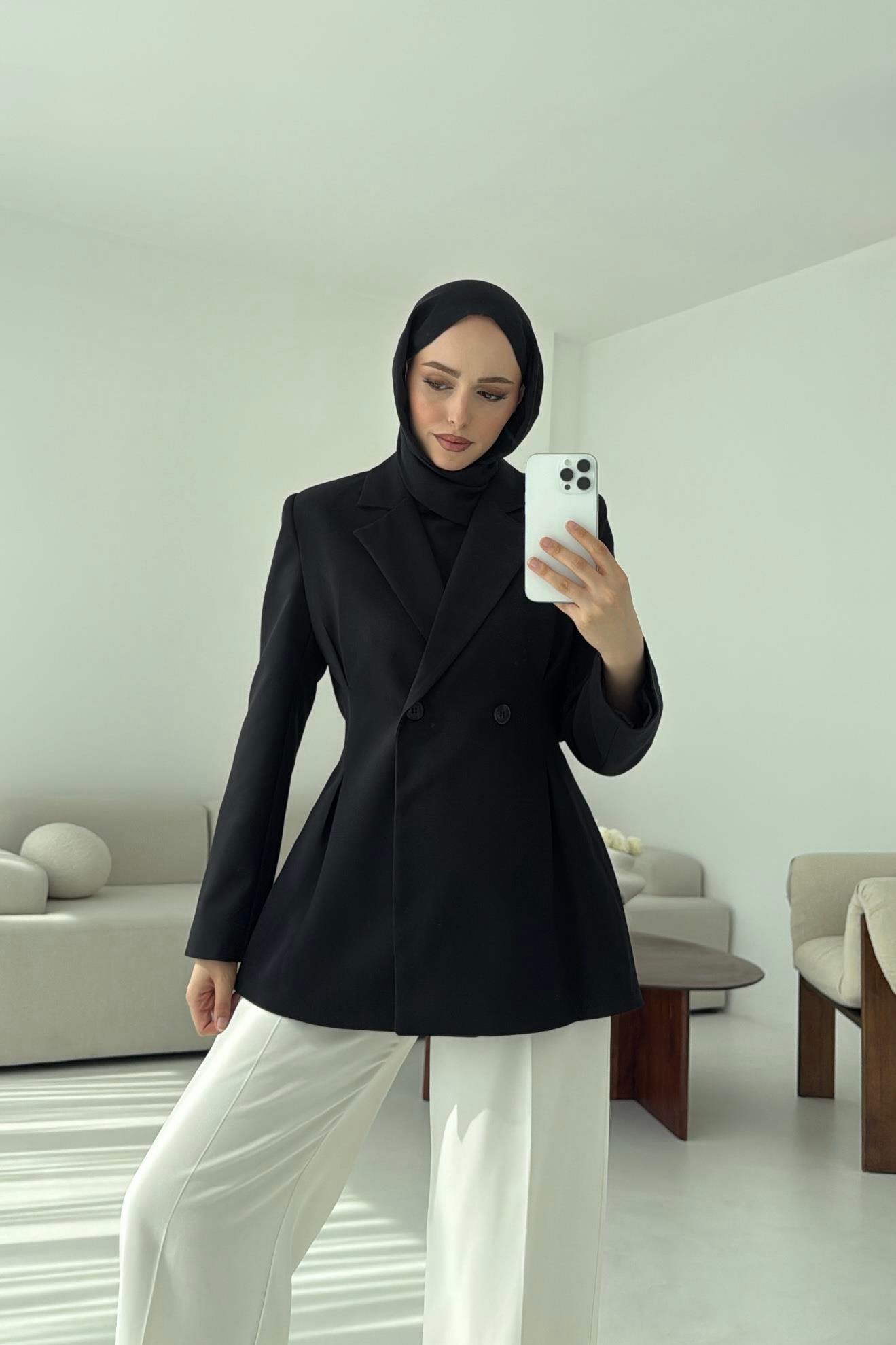 Pile Detay Blazer Ceket Siyah