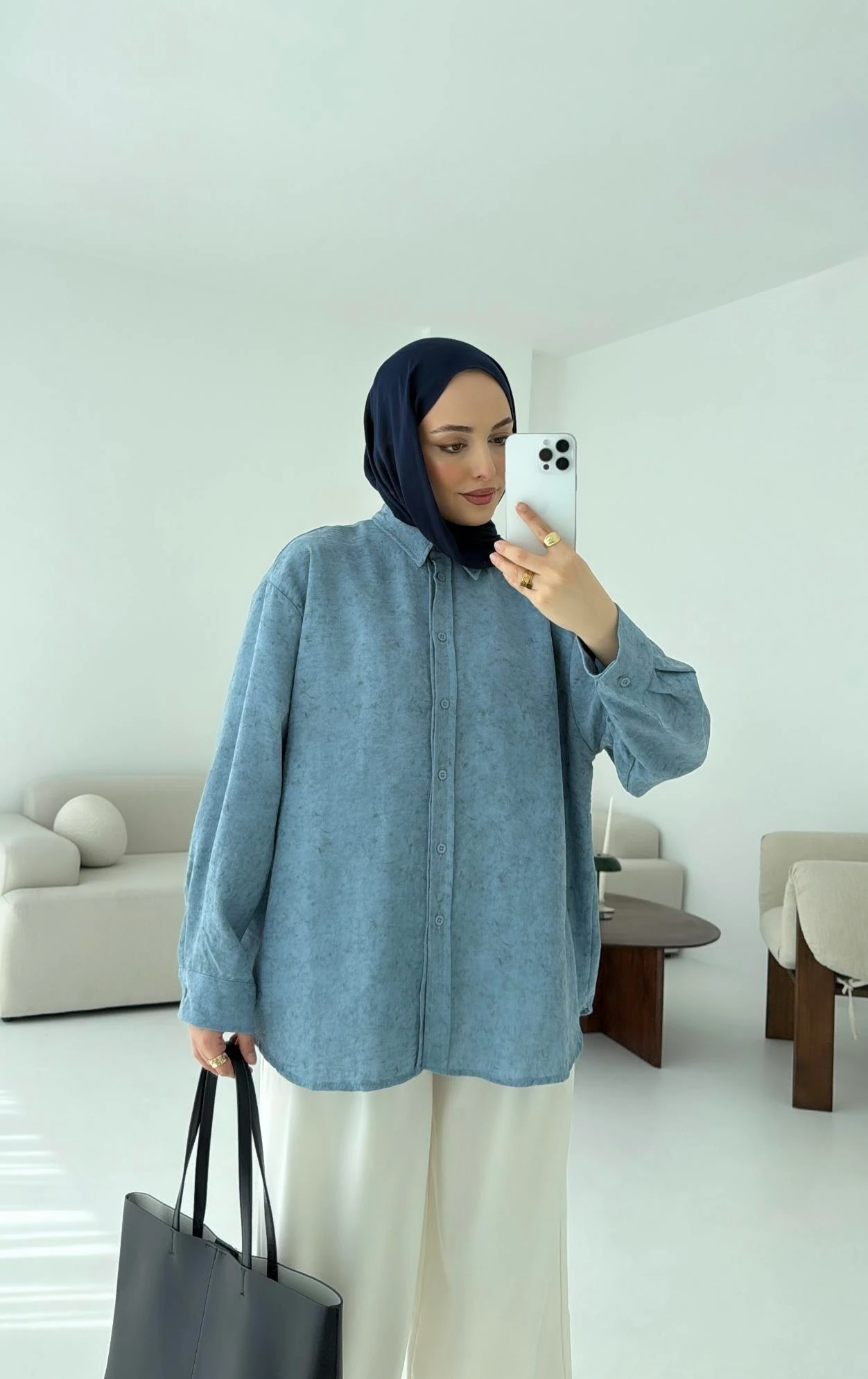 Batik Bambu Keten Gömlek Mavi