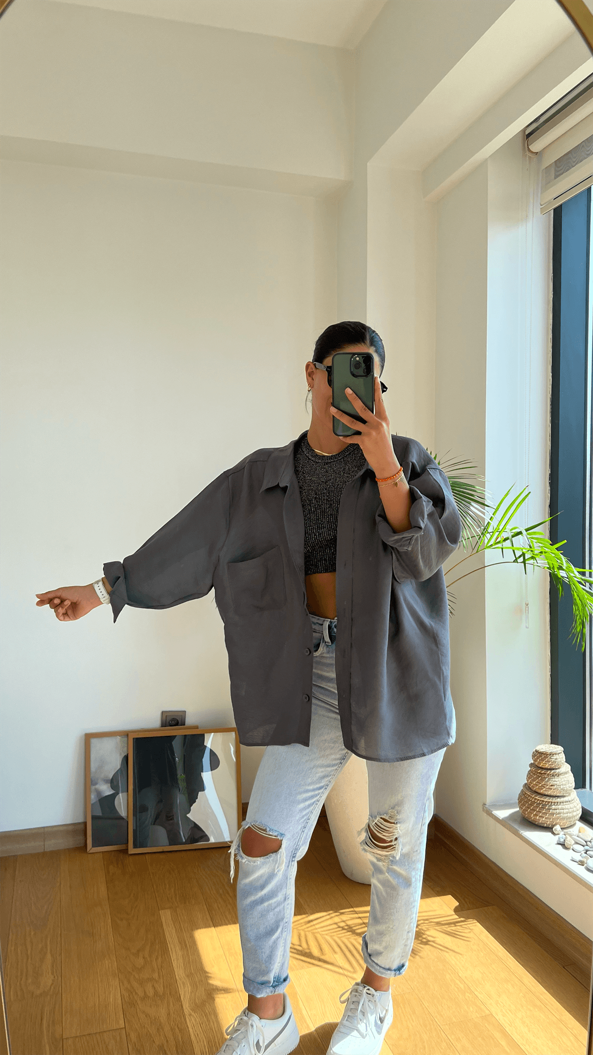 Oversize Pamuk Saten Gömlek Antrasit