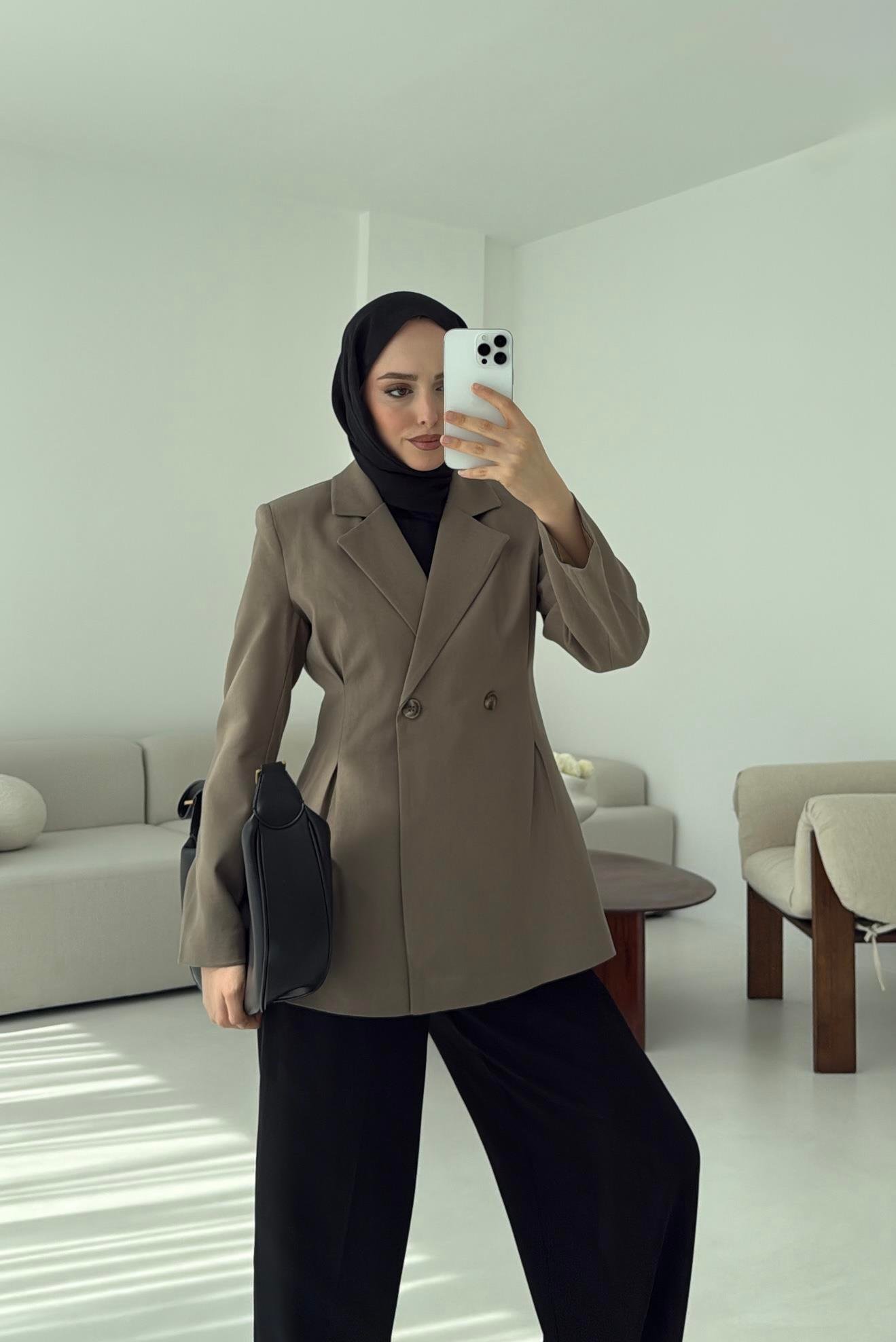 Pile Detay Blazer Ceket Vizon