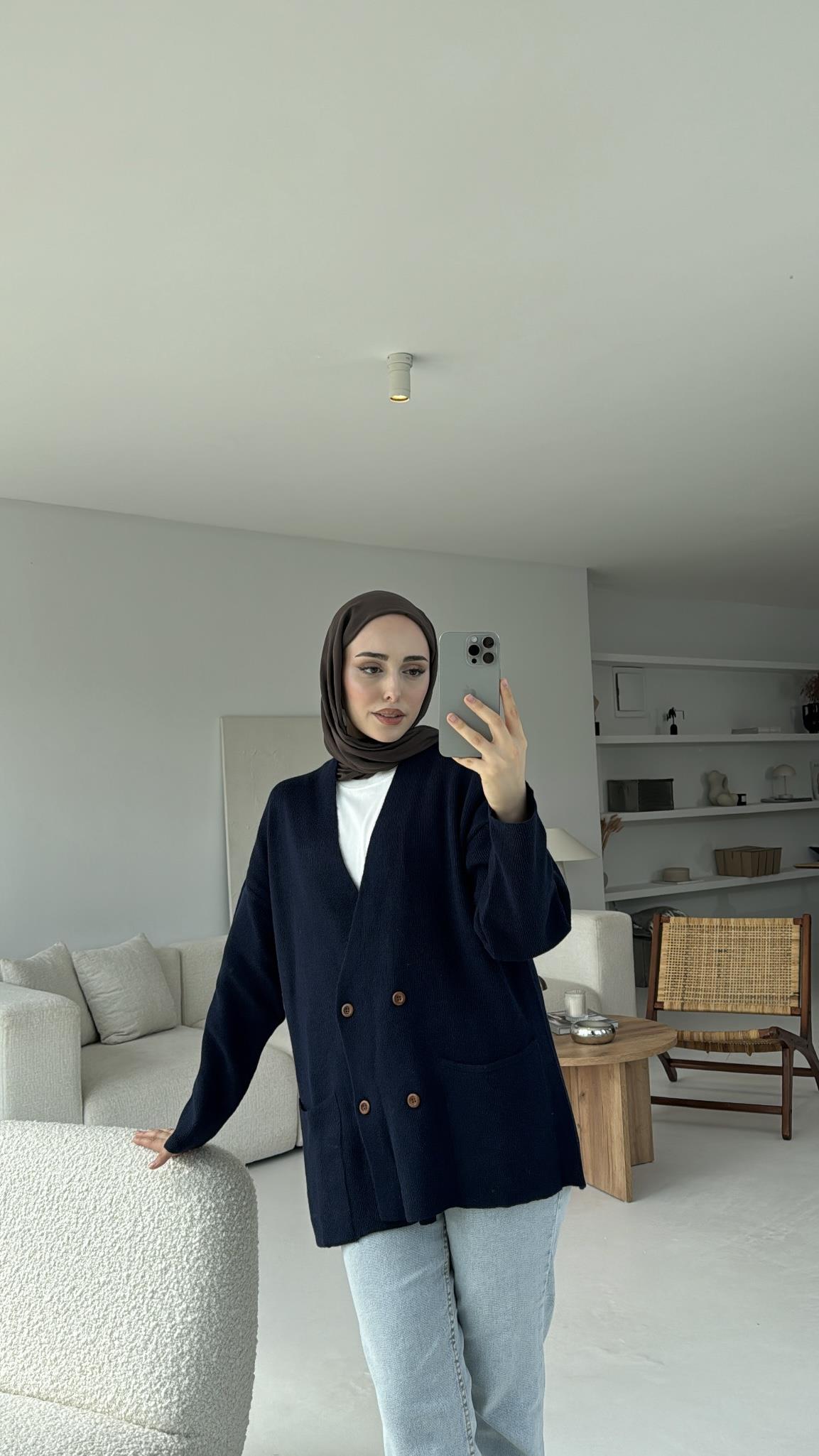 Düğmeli Cepli Triko Hırka Lacivert