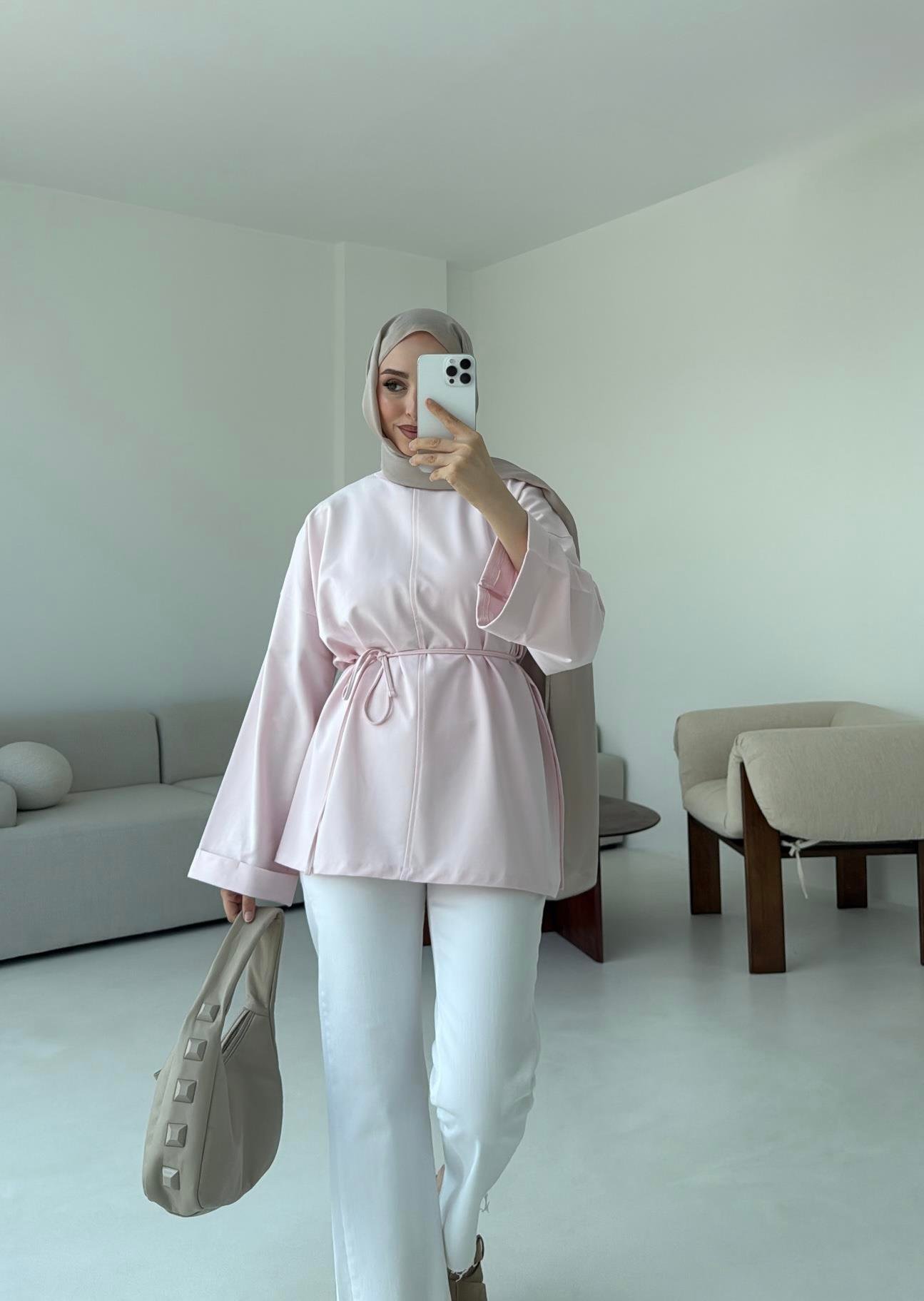 Bağlamalı Yanı Yırtmaç Detay Sweat Pudra