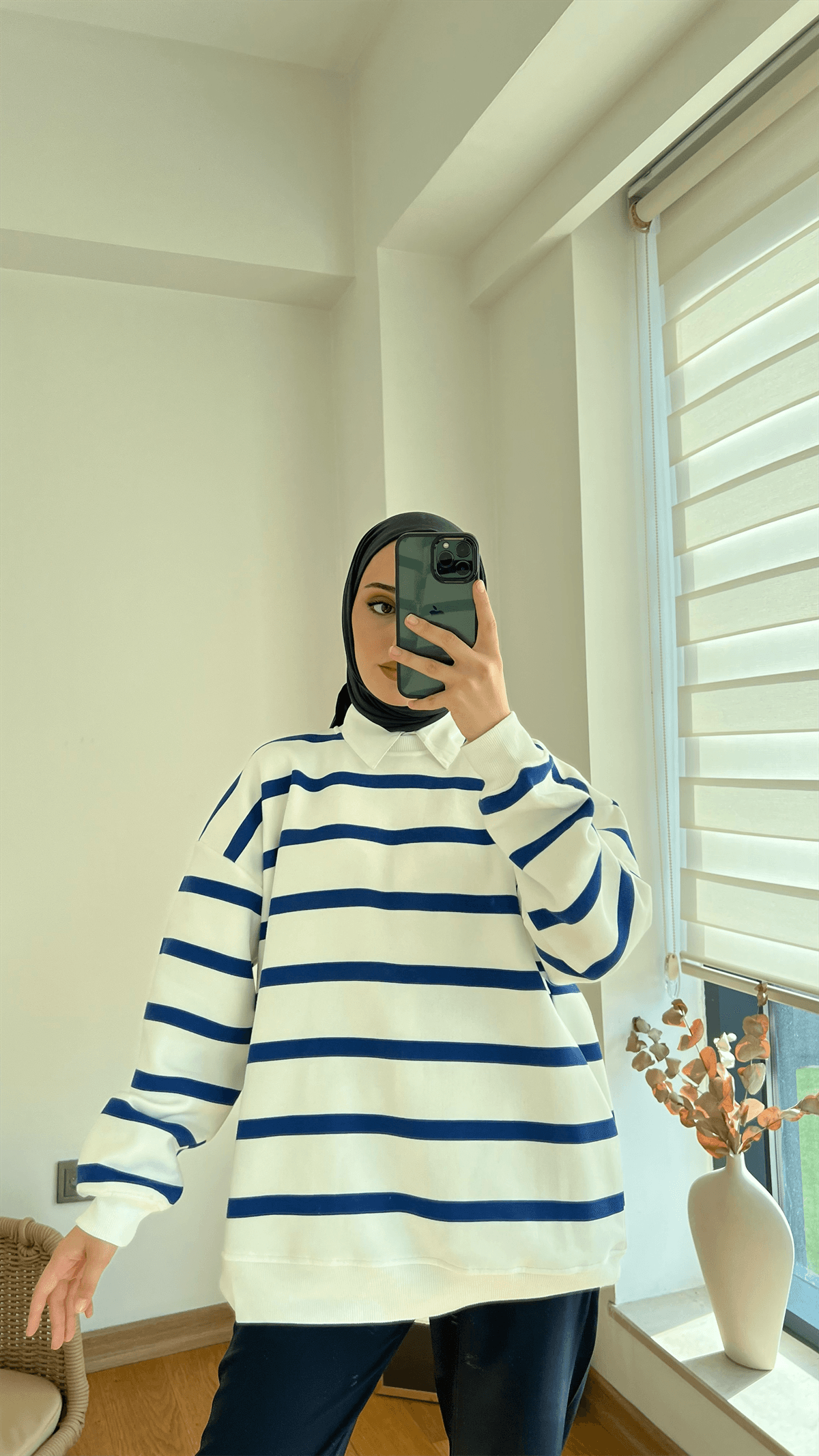 Çizgili Şardonlu Sweatshirt Mavi