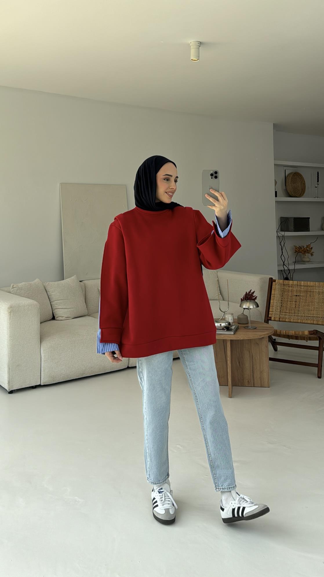 Gömlek Detaylı Sweatshirt Kırmızı