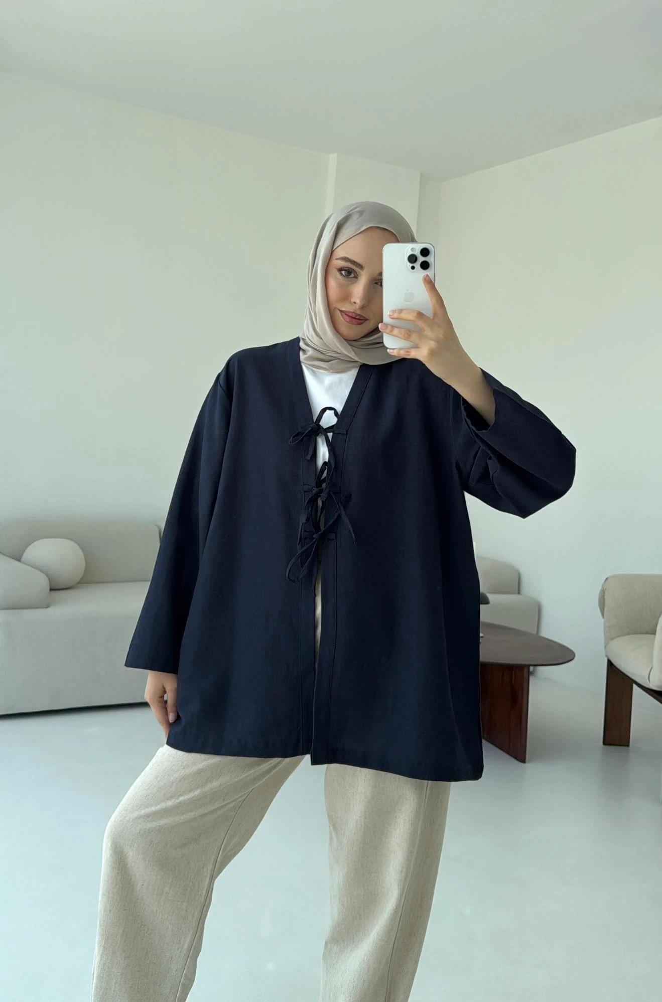 Keten Üç Bağlamalı Kimono Lacivert