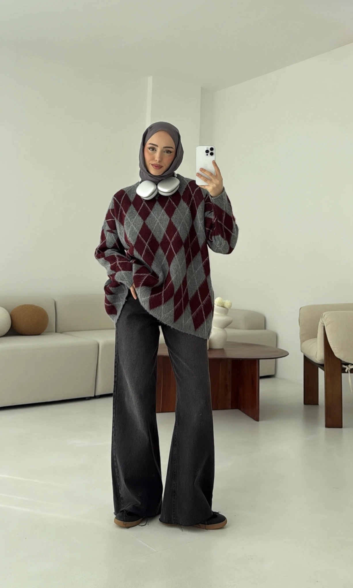 Premium Desenli Kalın Kazak Gri/Bordo