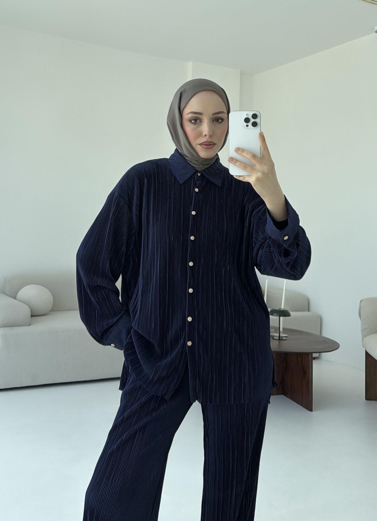 Düğmeli Piliseli Takım Lacivert