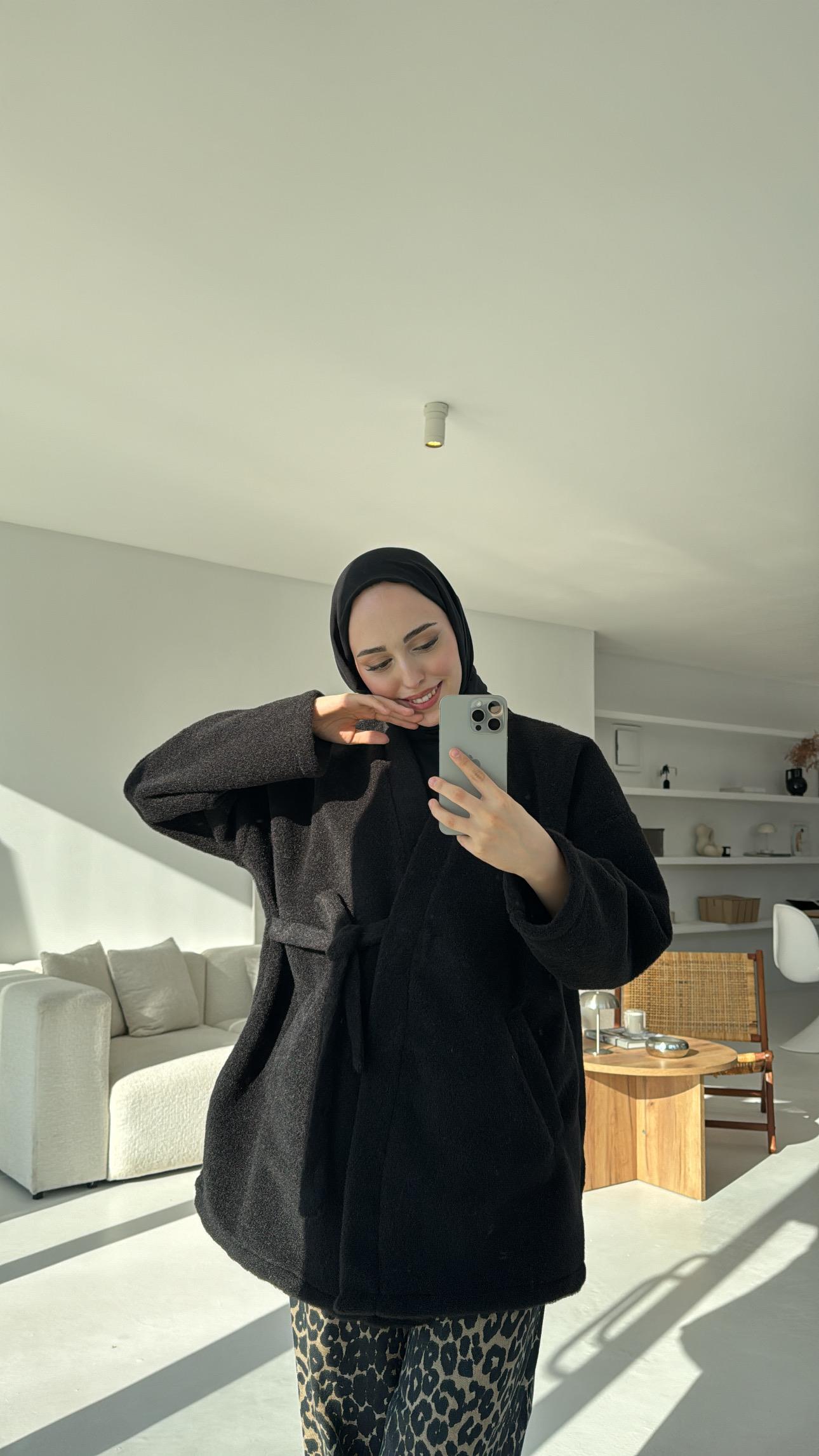 Yandan Bağlamalı Peluş Mont Siyah