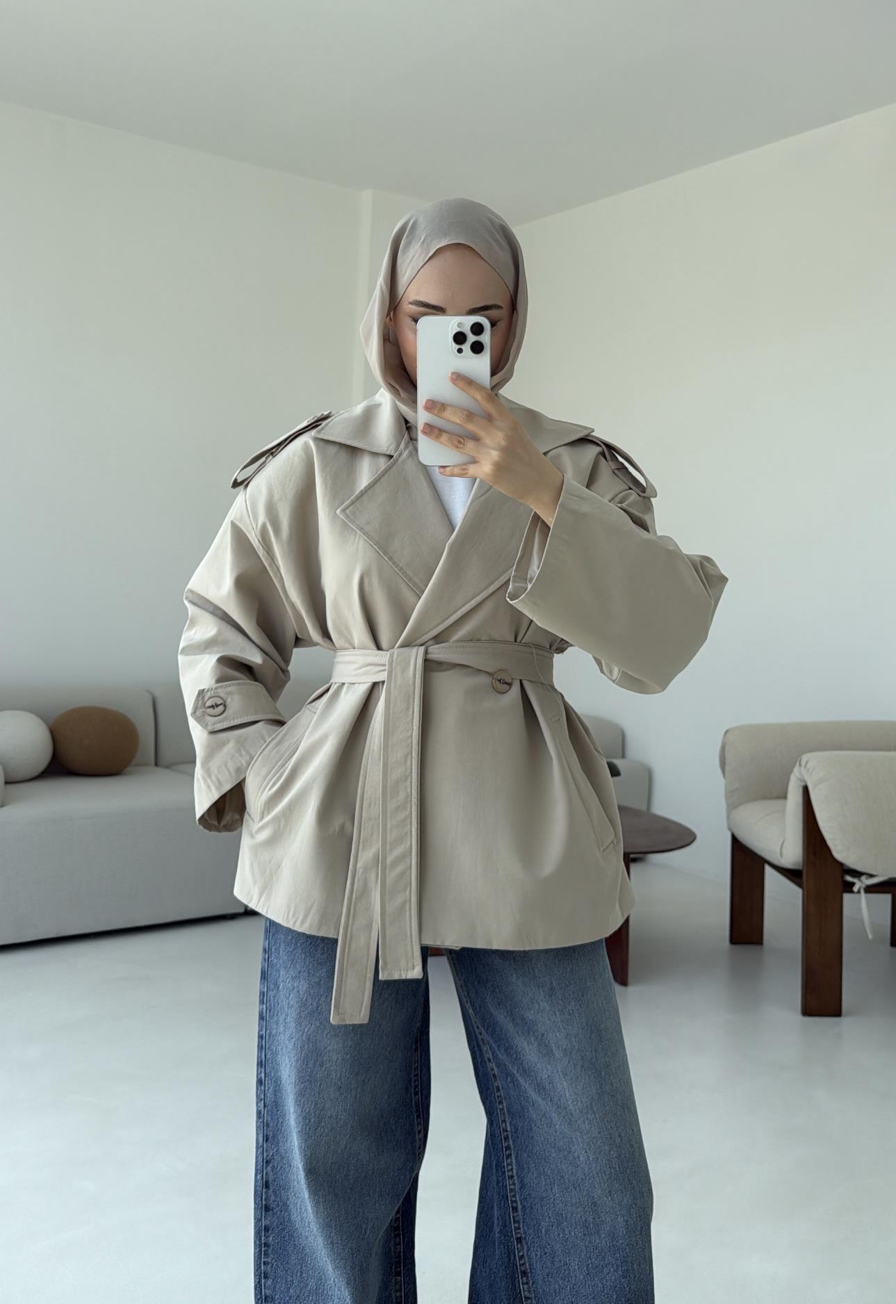 Vatkalı Kısa Trençkot Taş