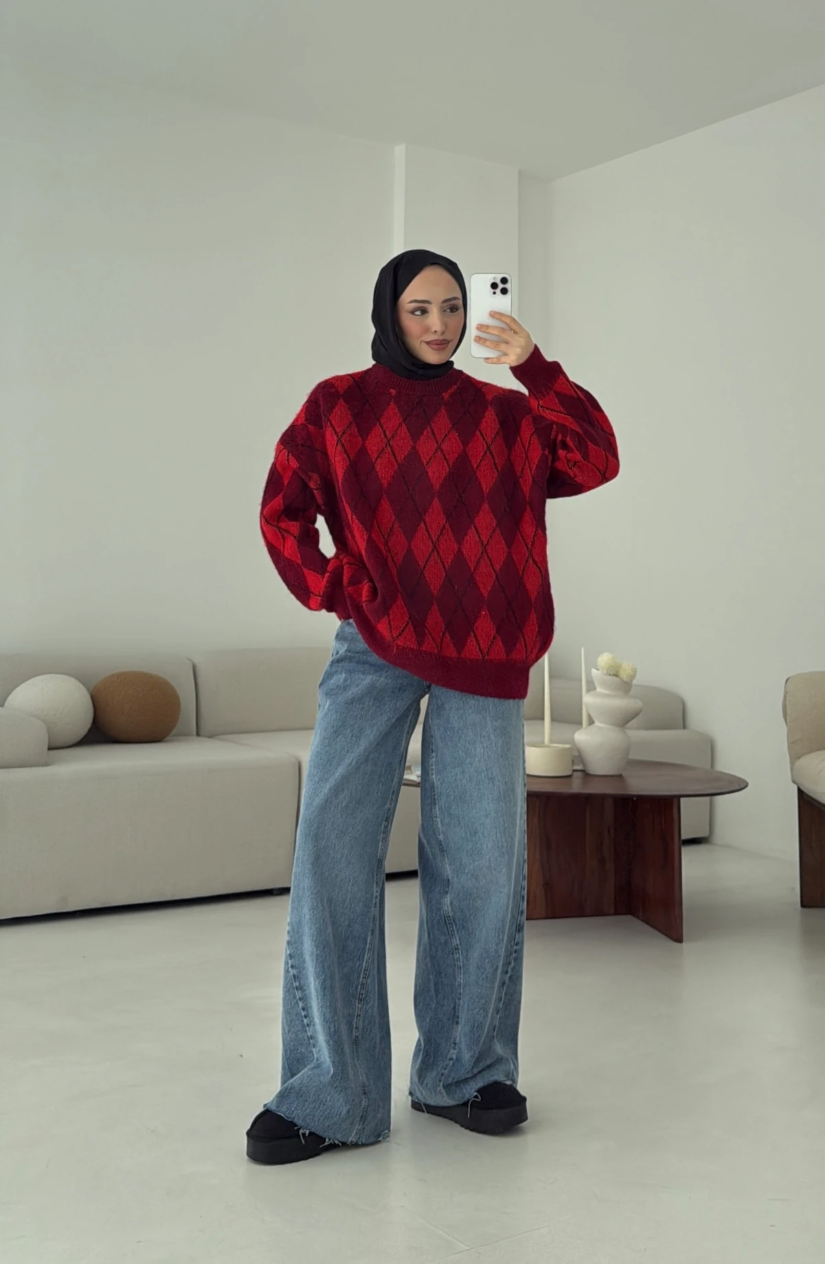 Baklava Desen Şardonlu Kazak Bordo