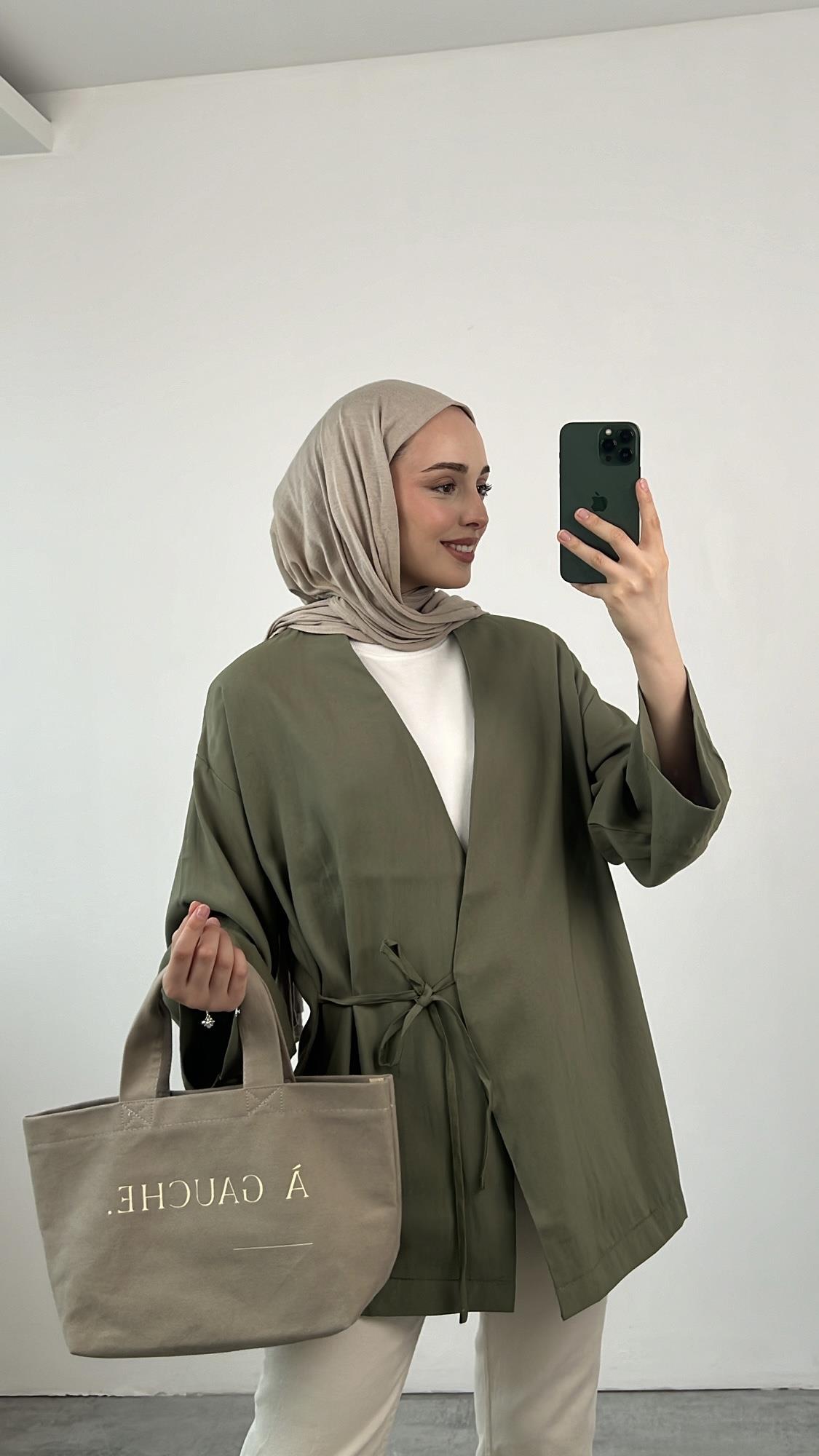 Yazlık Kumaş Yandan Bağlamalı Kimono Haki