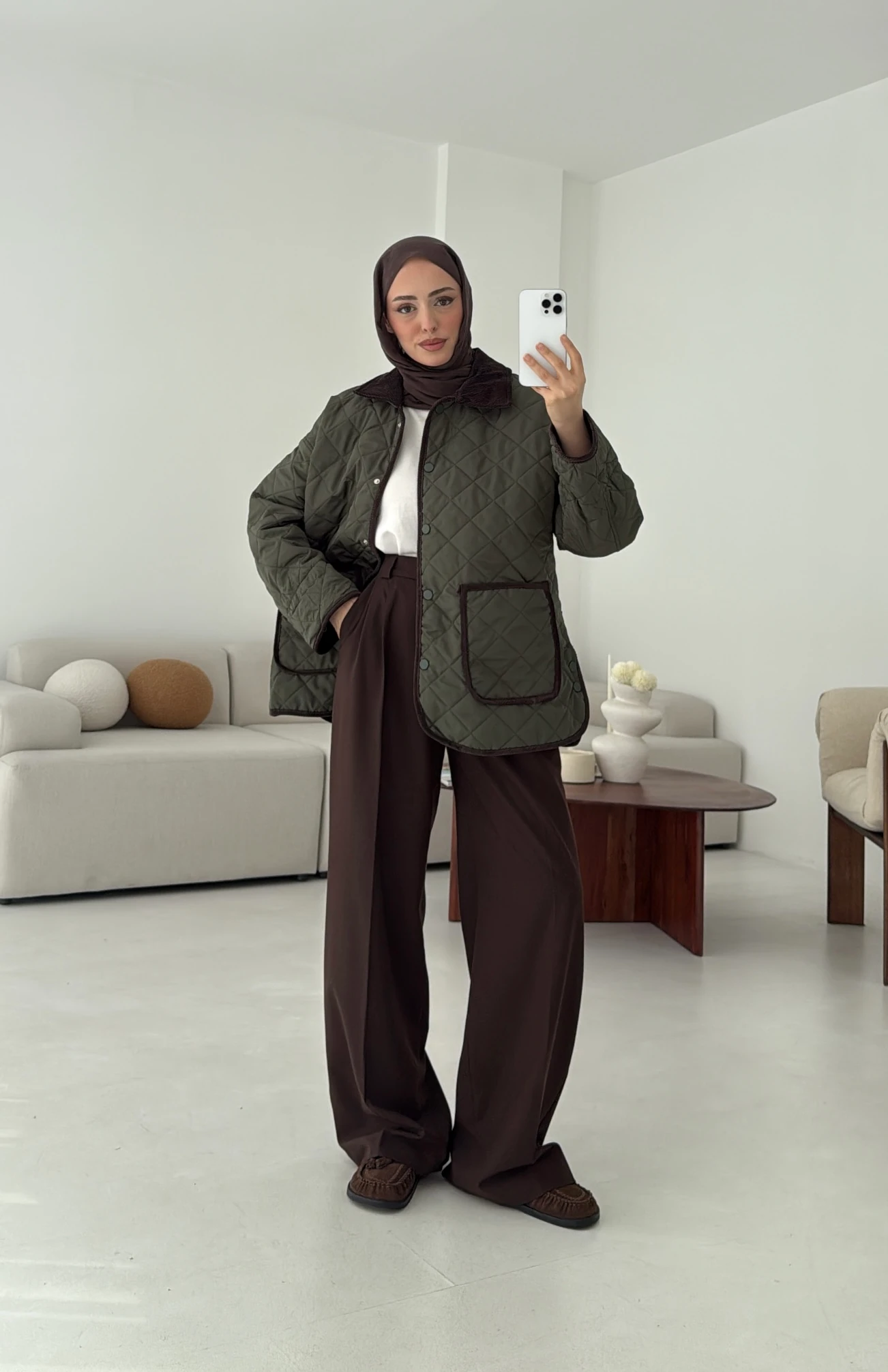 Kapitone Kadife Geçişli Ceket Haki