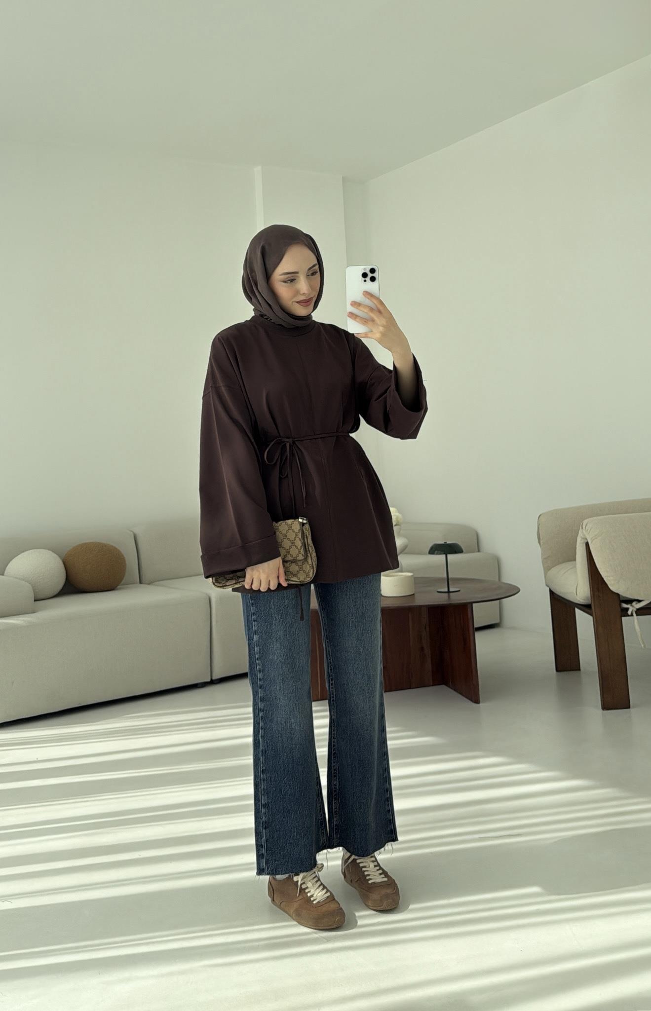 Bağlamalı Yanı Yırtmaç Detay Sweat Kahve