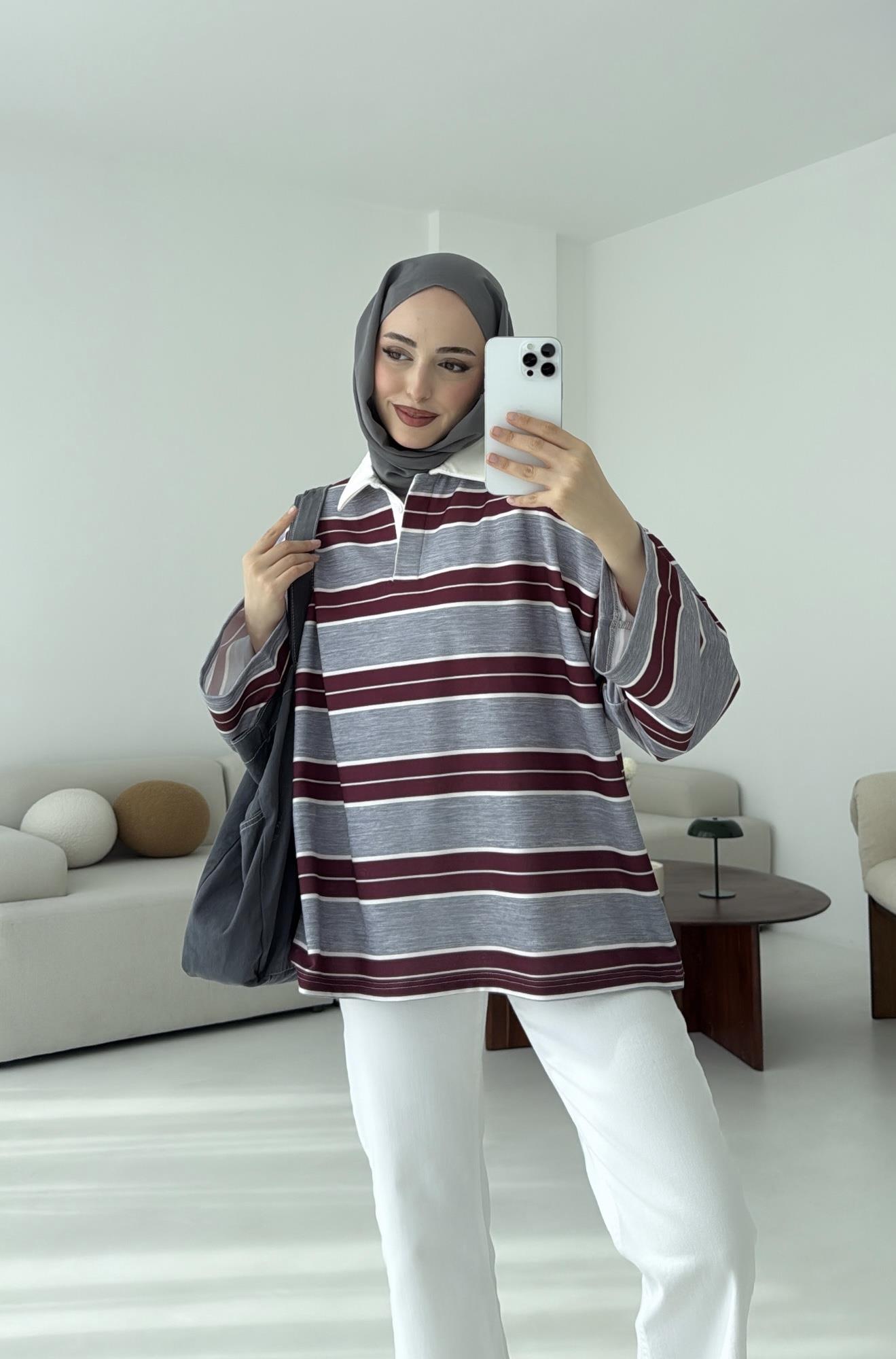 Gri Çizgili Polo Yaka Sweatshrt