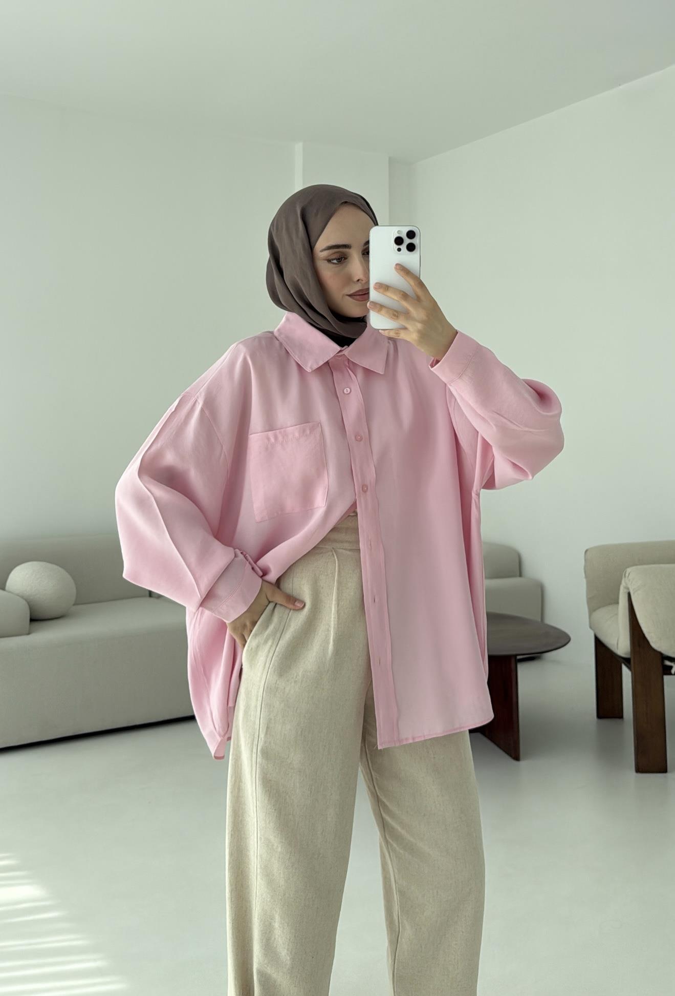 Krep Dökümlü Gömlek Pembe