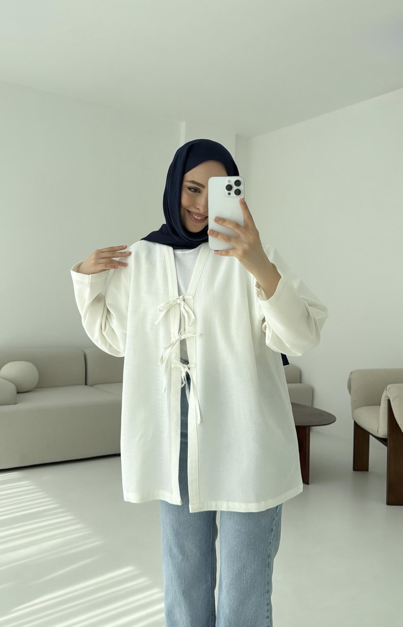 Keten Üç Bağlamalı Kimono Beyaz