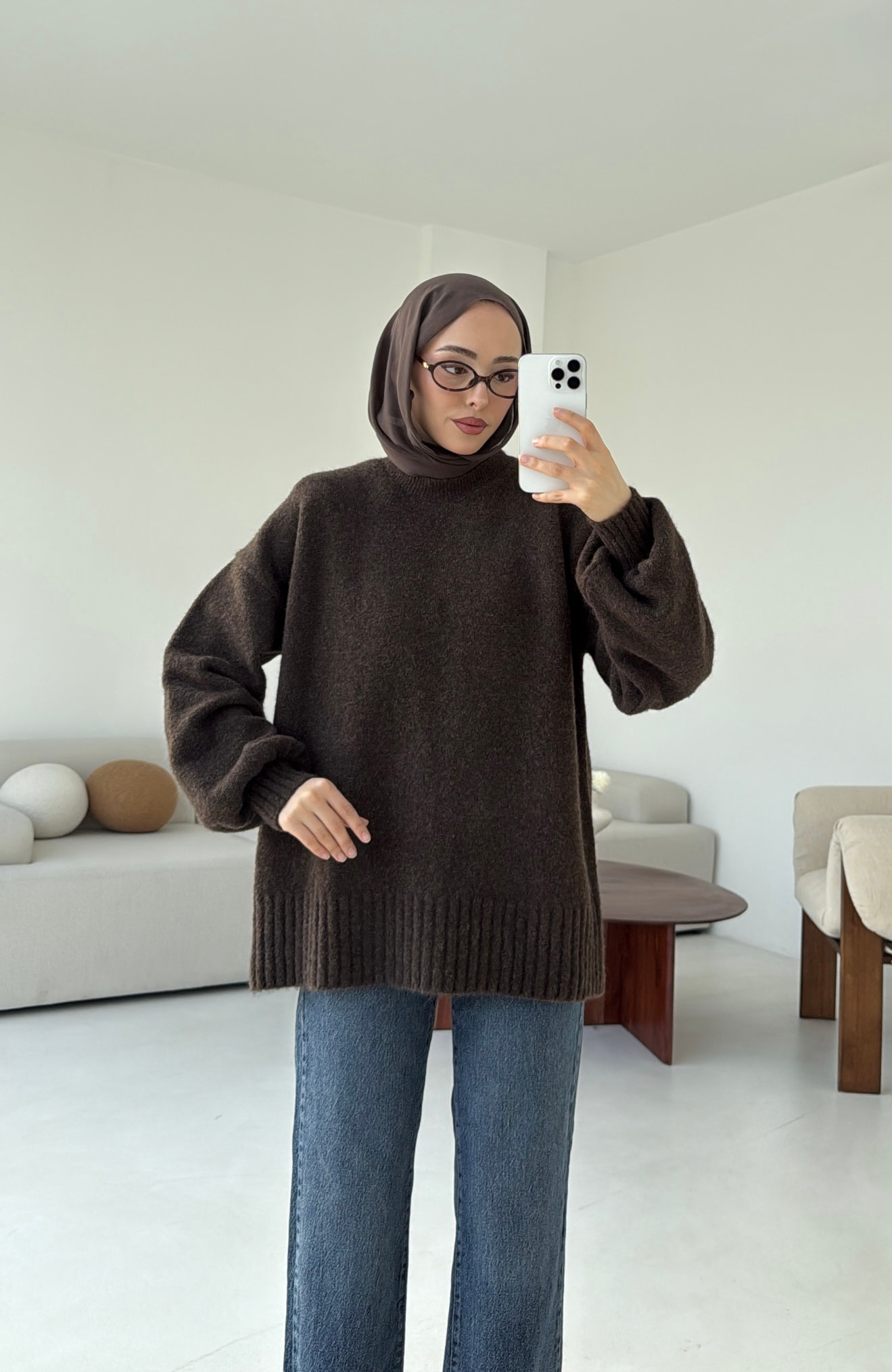 Balon Kol Yumuşak Kazak Kahve