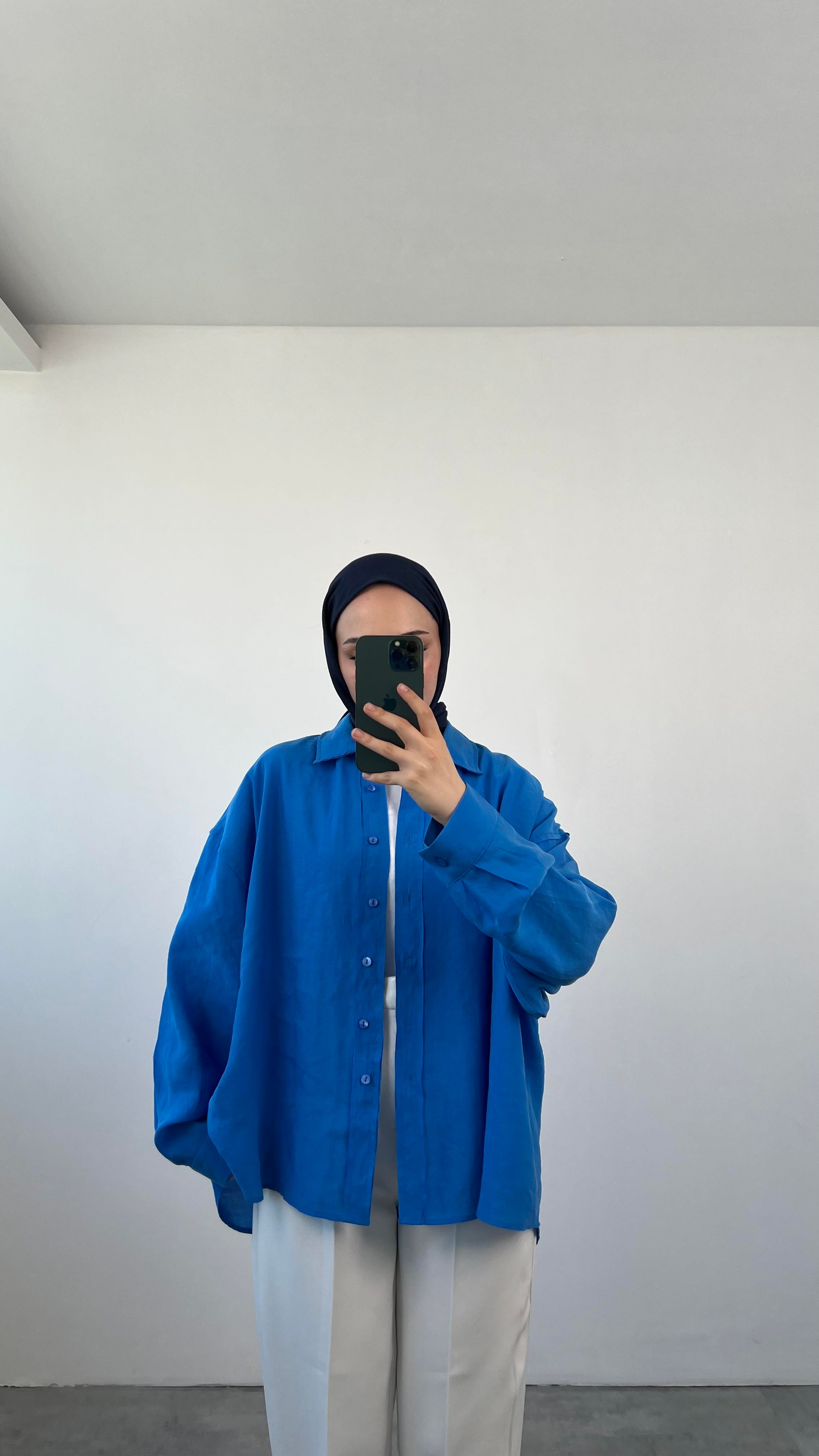 Tencel Pis Dikiş Oversize Saks Mavi  Gömlek
