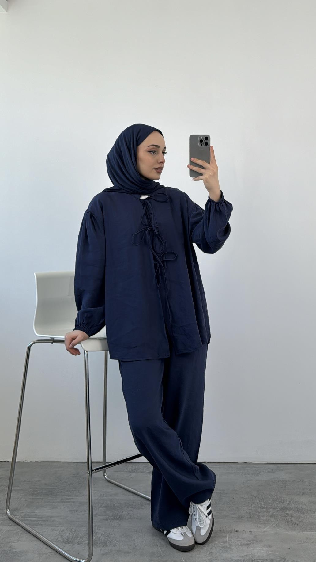 Tencel Önden Bağlamalı Kimonolu Takım Lacivert