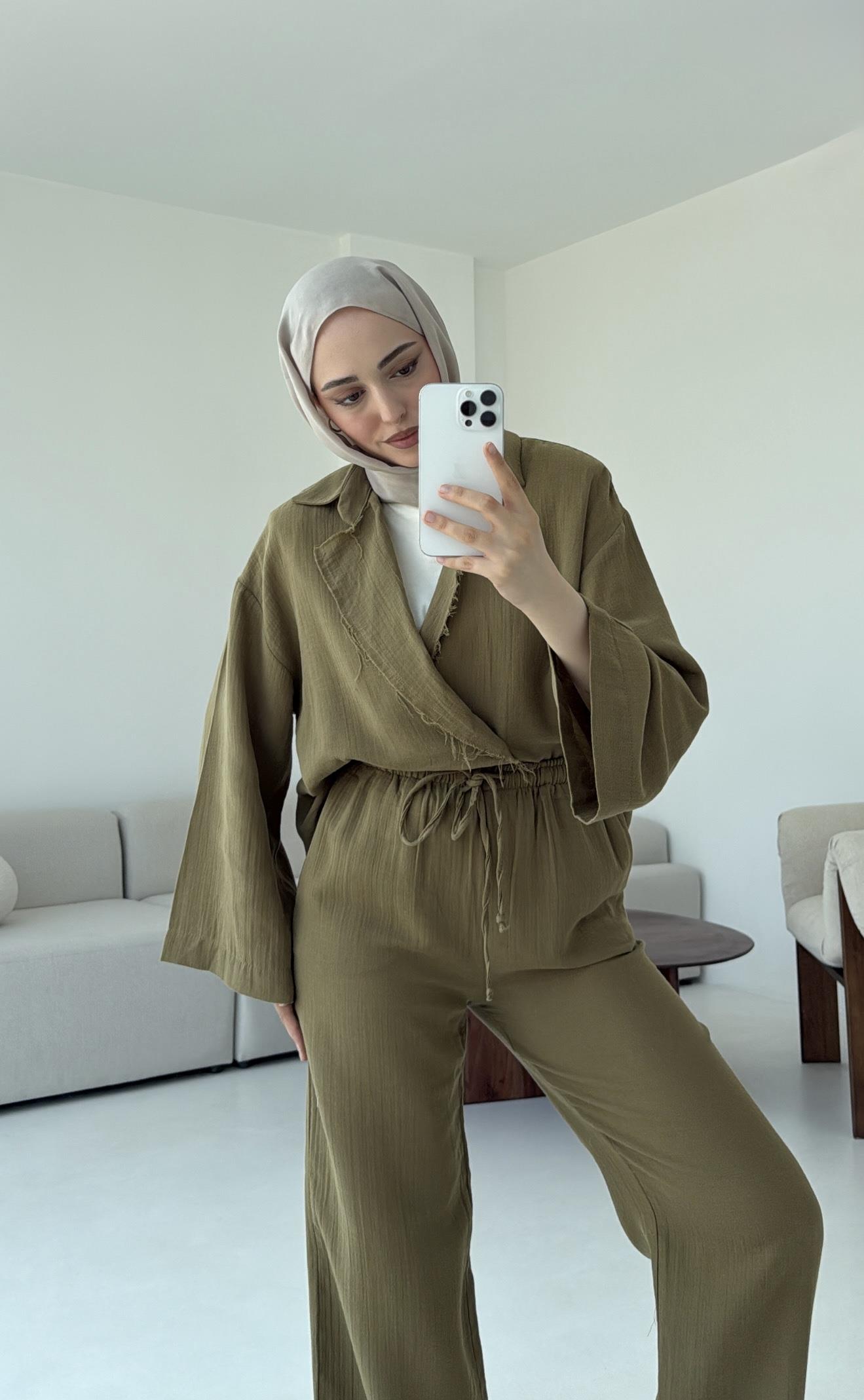 Müslin Düğmeli Kimono Takım Yeşil
