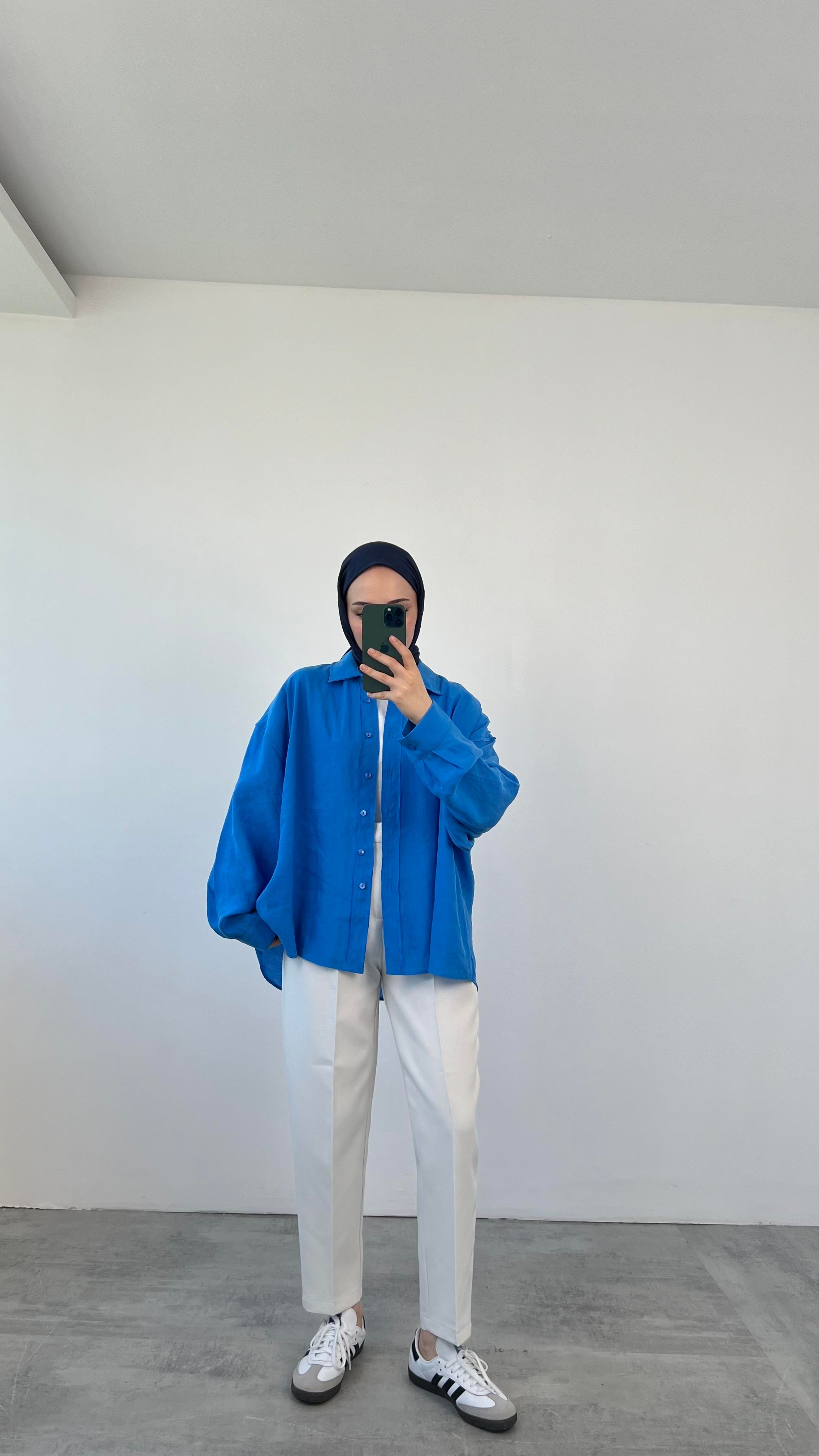 Tencel Pis Dikiş Oversize Saks Mavi  Gömlek