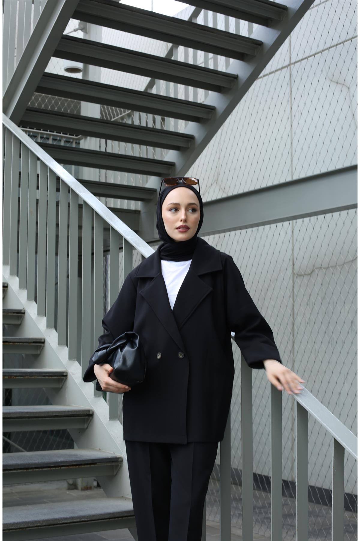 Oversize Yazlık Ceketli Takım Siyah