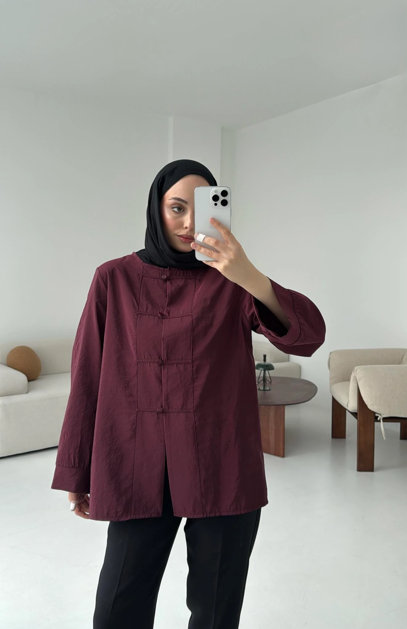 Bordo Düğme Detay Gömlek