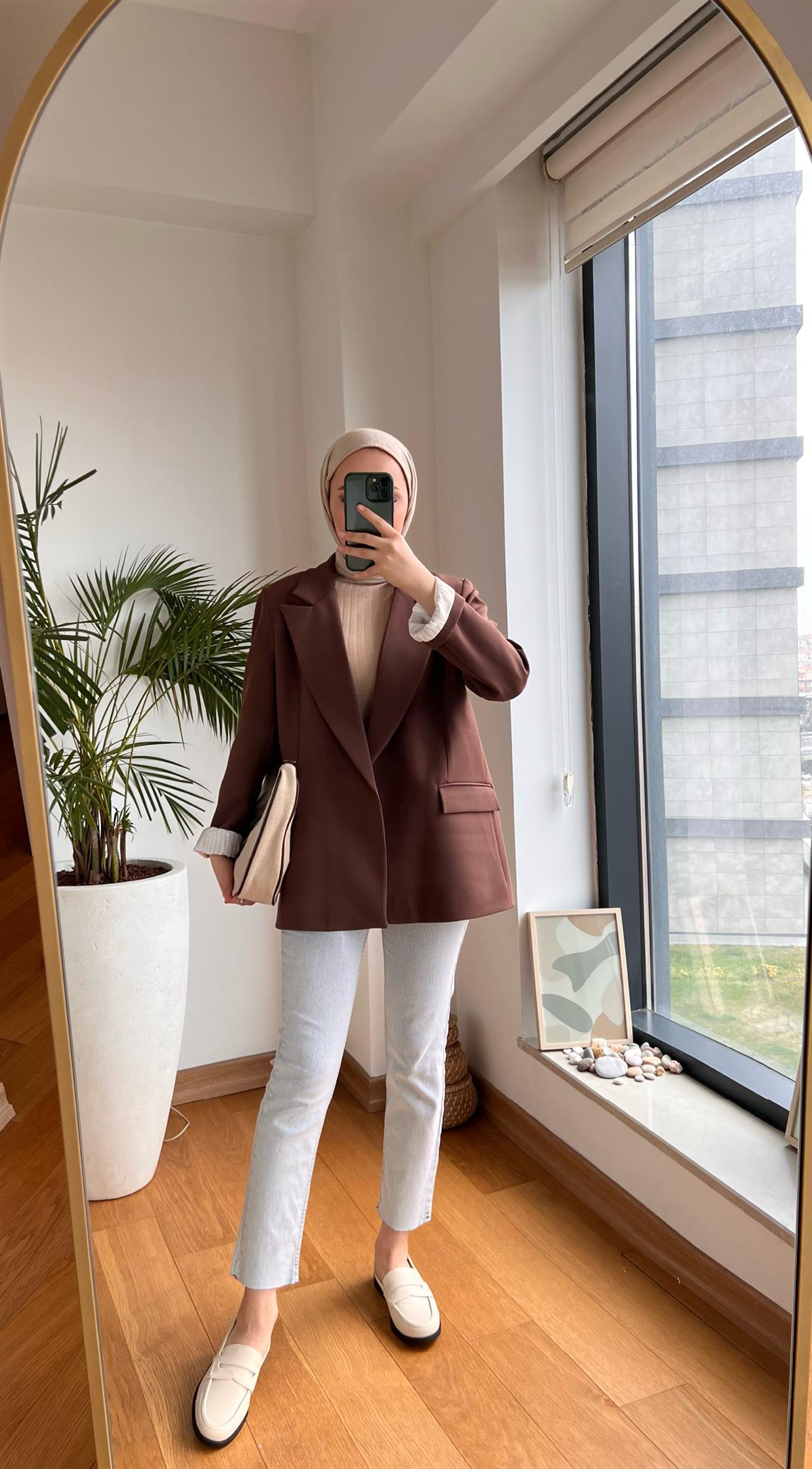 İç Astarı Çizgili Blazer Ceket Kahve