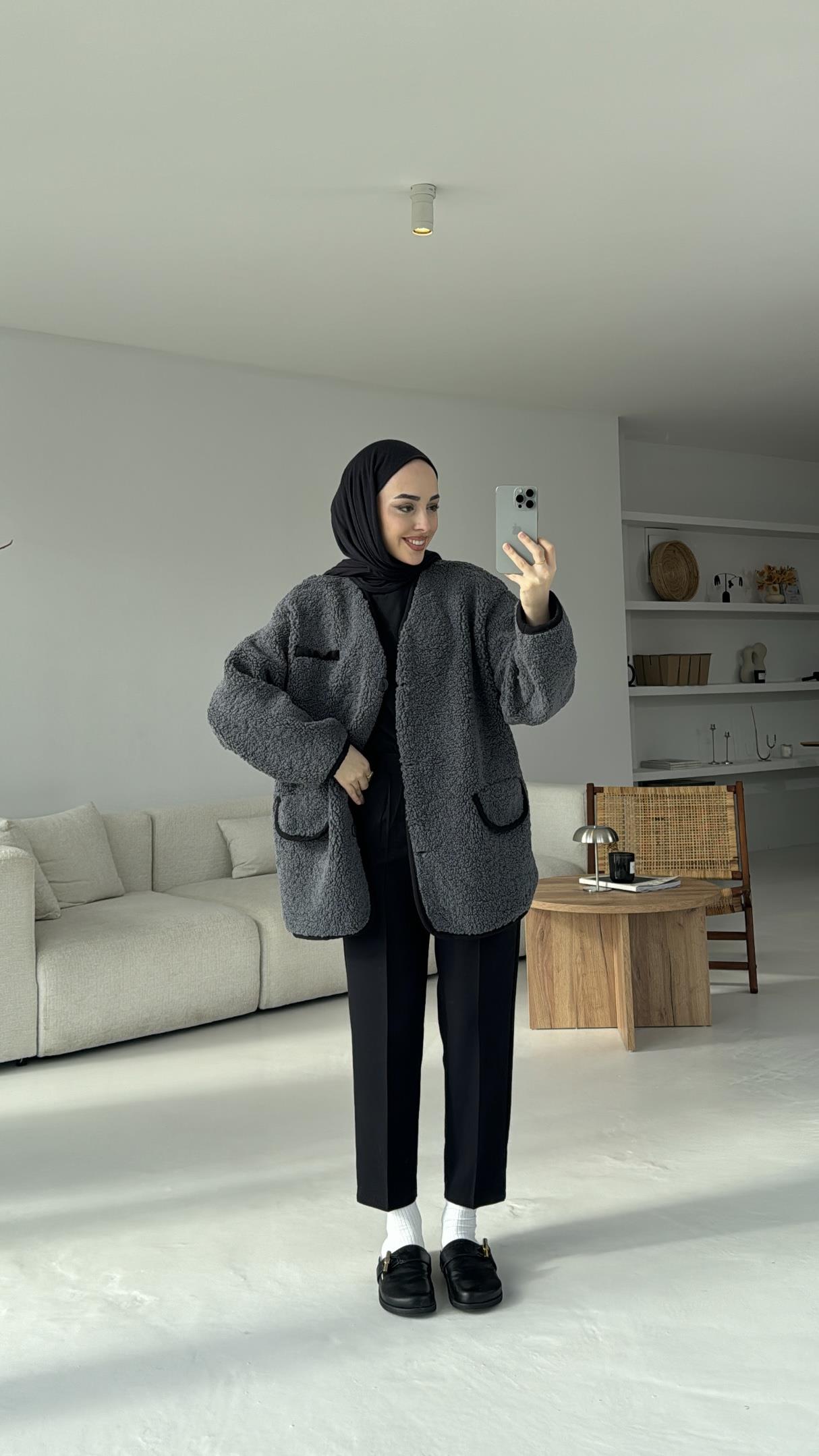 Düğmeli Oversize Teddy Ceket Antrasit