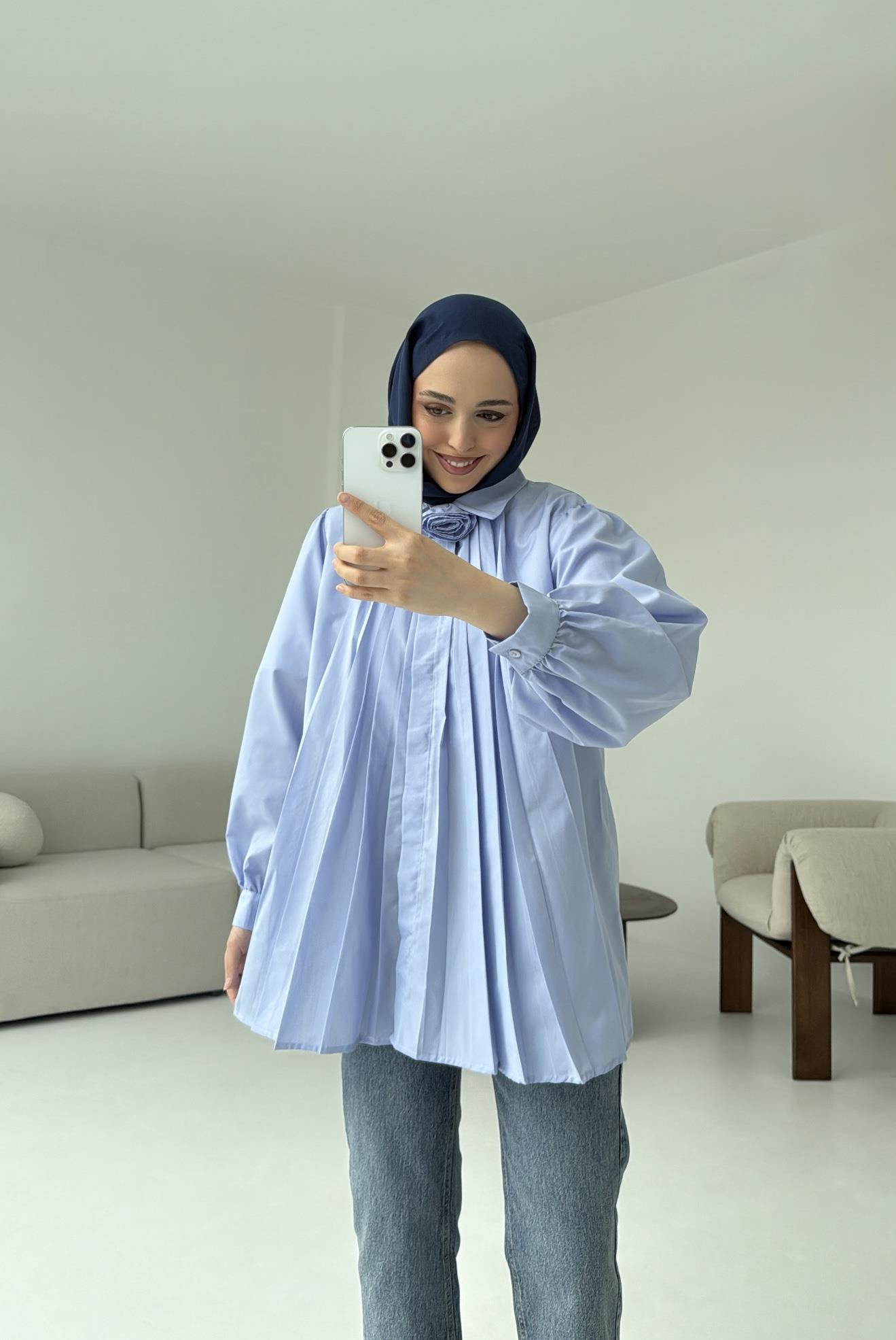 Pile Detay Gömlek Mavi