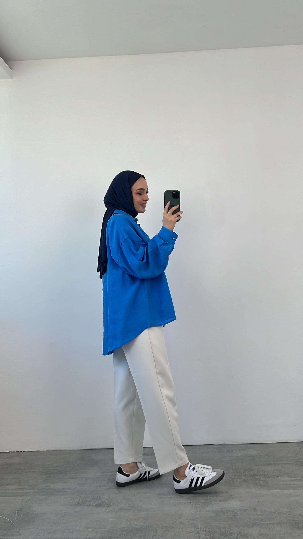 Tencel Pis Dikiş Oversize Saks Mavi  Gömlek