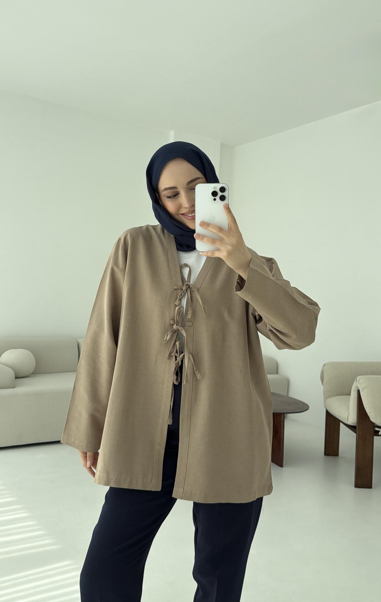 Keten Üç Bağlamalı Kimono Vizon