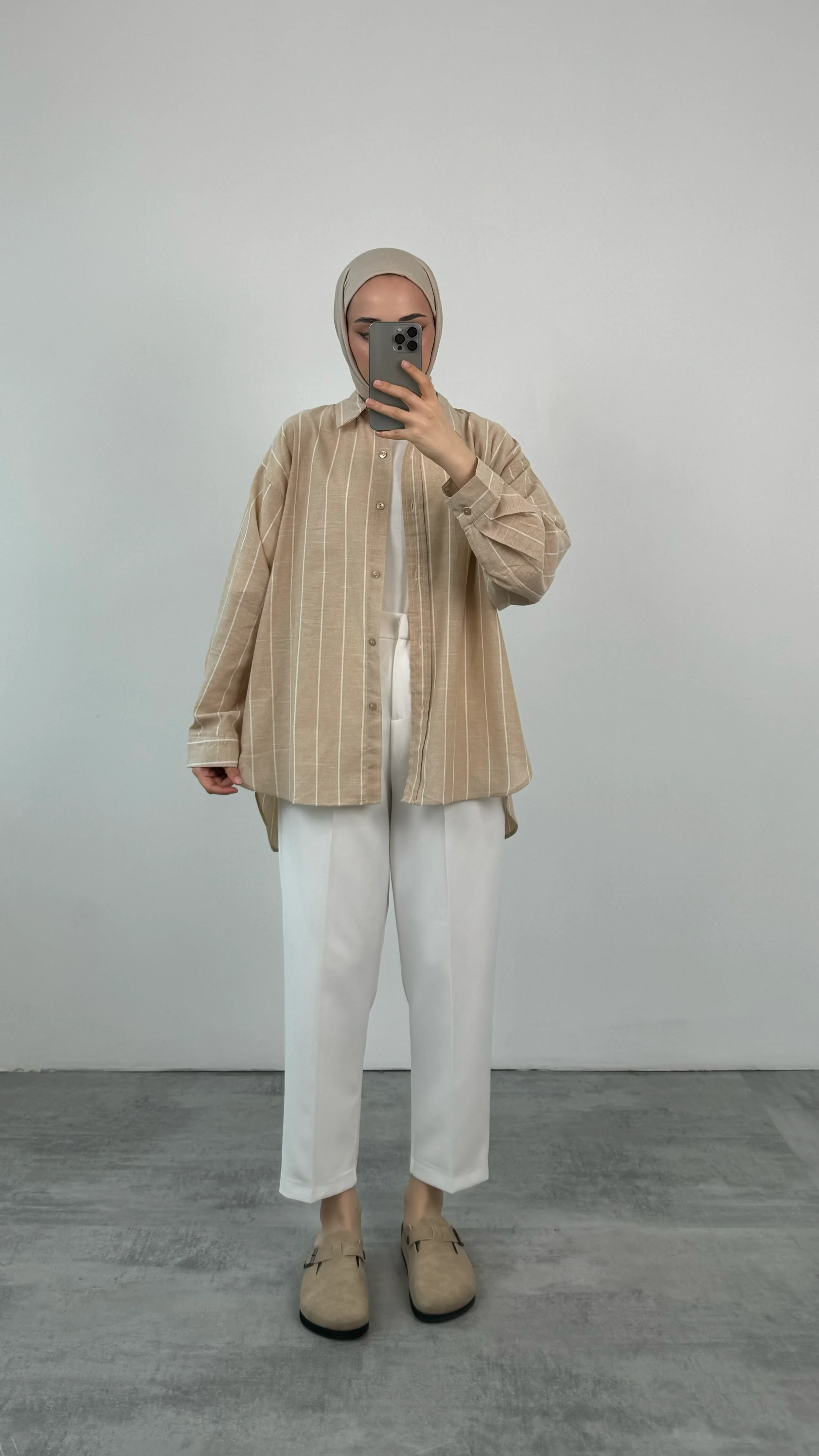 Keten Bej Çizgili Gömlek