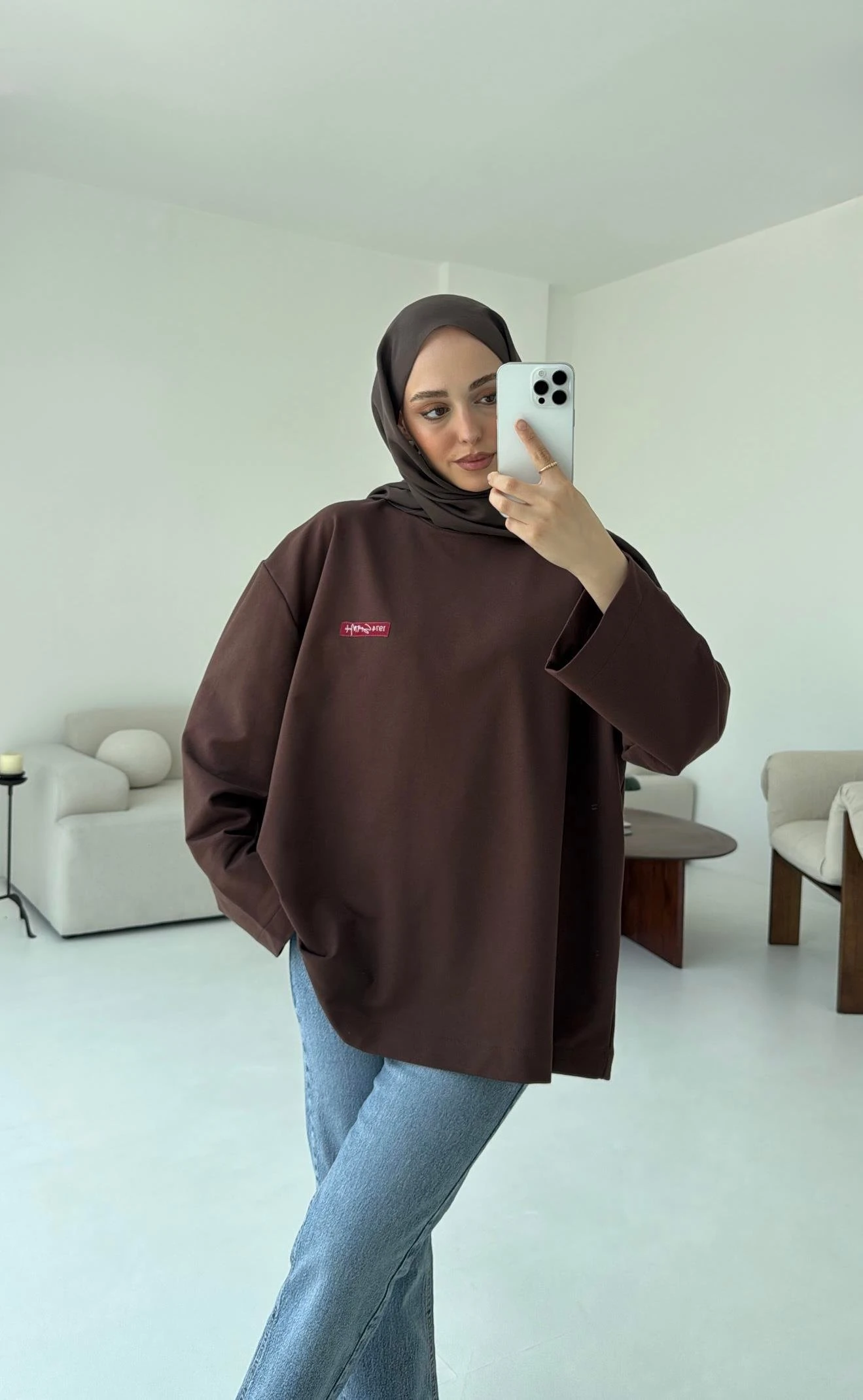 Etiket Baskılı  Sweatshirt Kahve