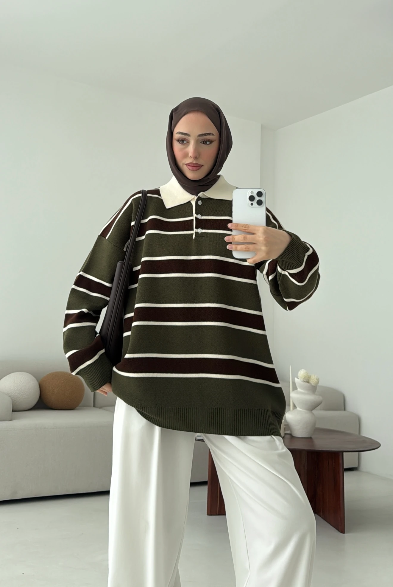 Haki Kahve Çizgili Triko Kazak