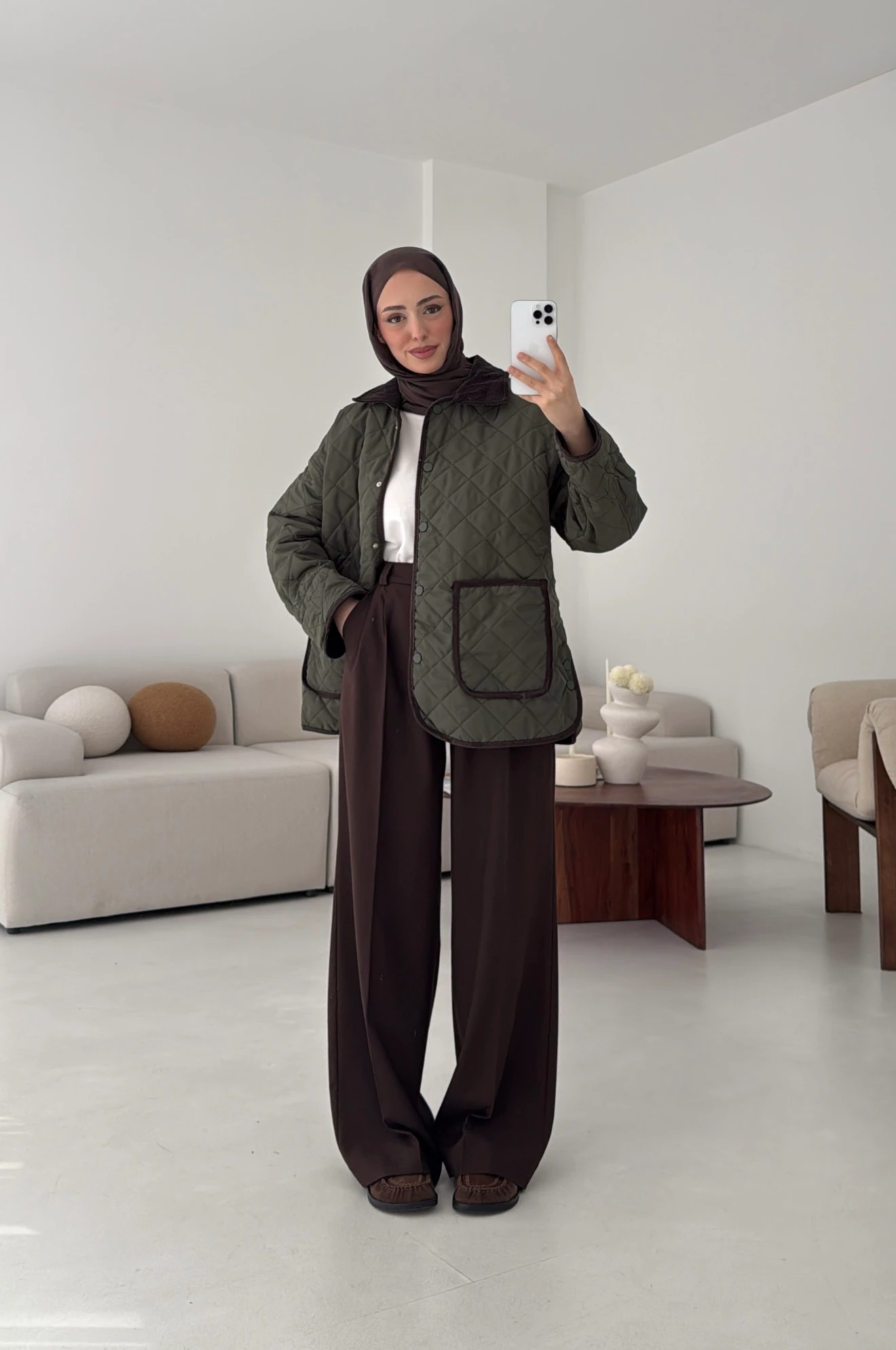 Kapitone Kadife Geçişli Ceket Haki