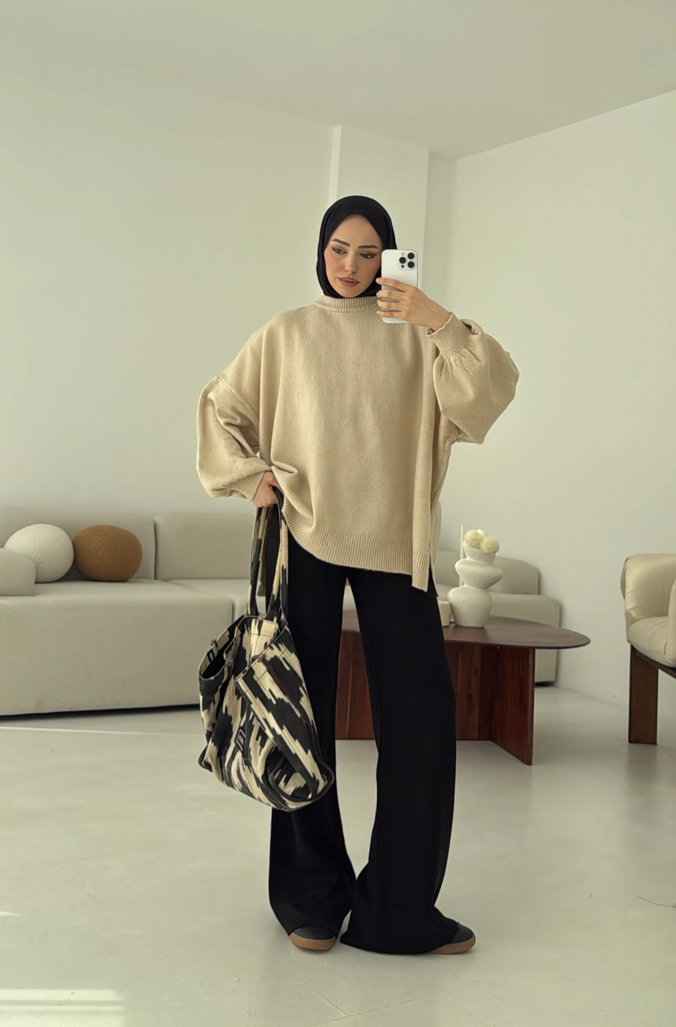 Yırtmaç Detay Balon Kol Kazak Bej