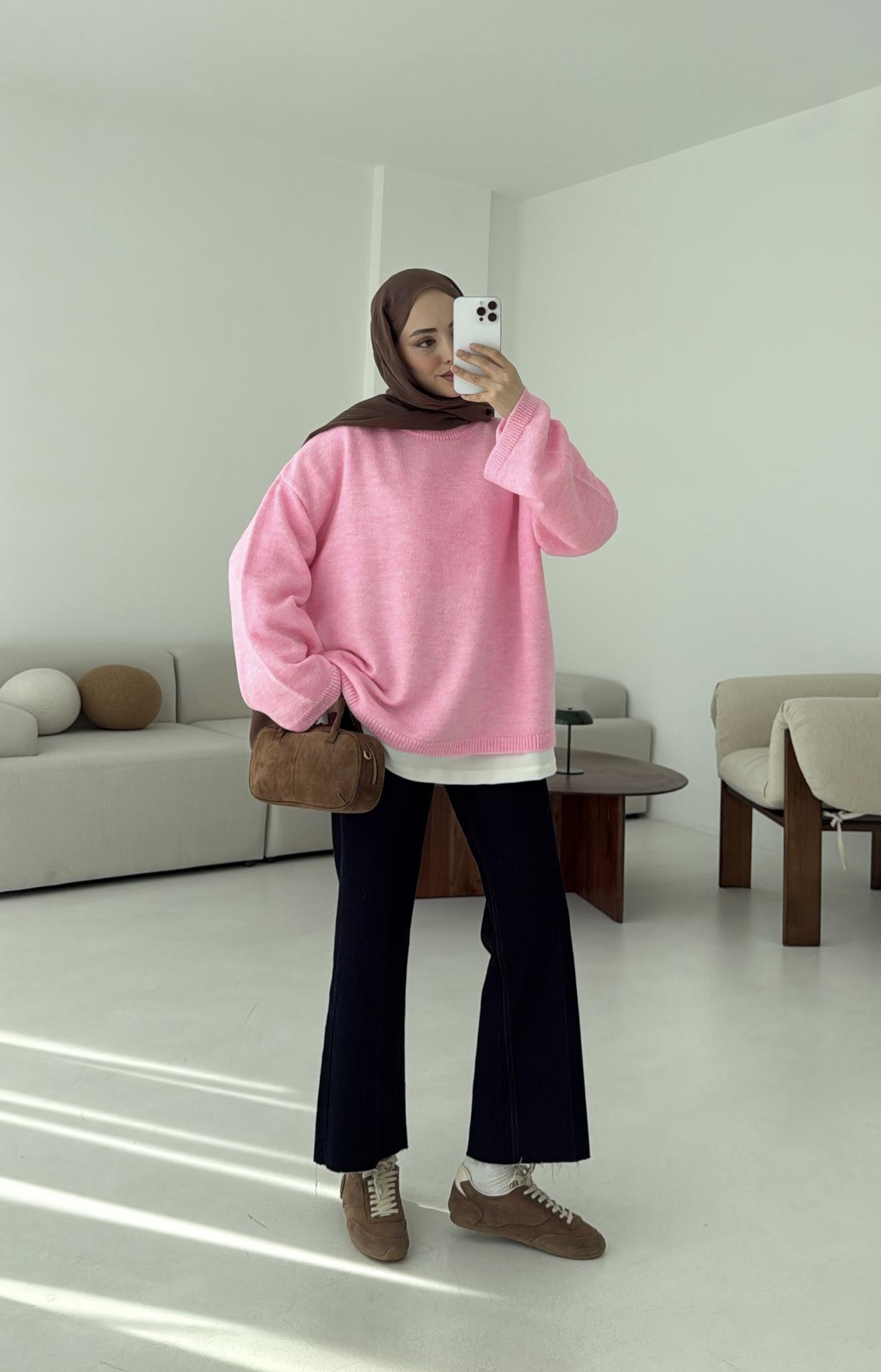 Geniş Kol Basıc Kazak Pembe