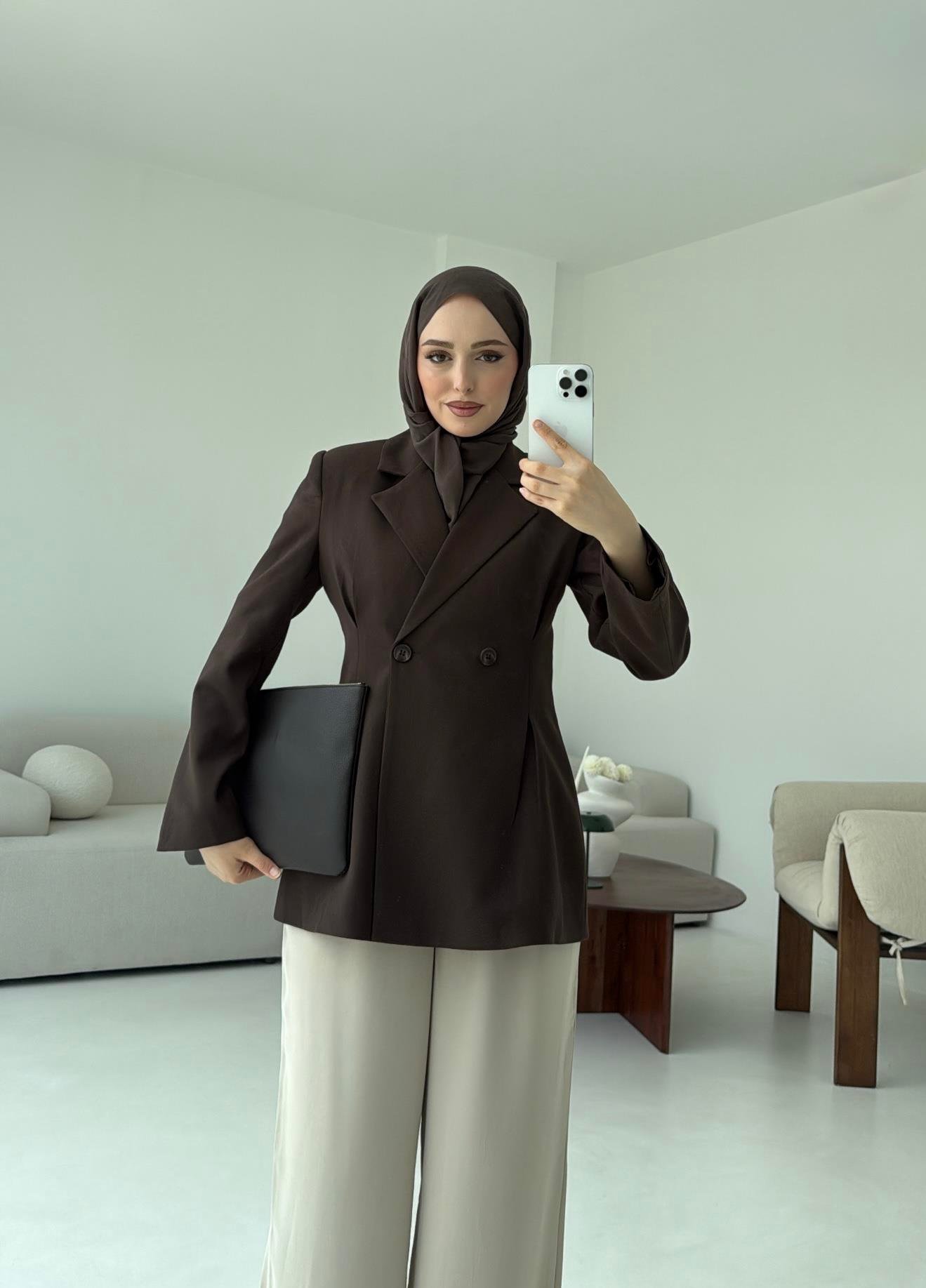 Pile Detay Blazer Ceket Kahve