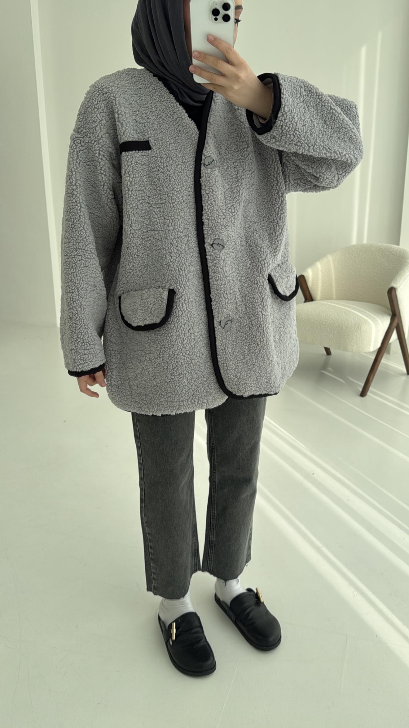 Düğmeli Oversize Teddy Ceket Gri