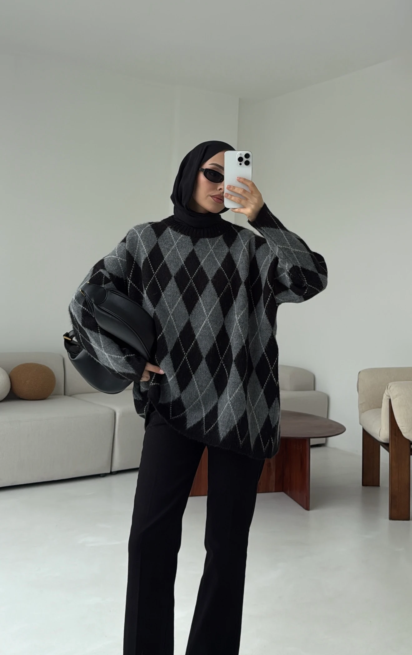 Premium Desenli Kalın Kazak Gri/Siyah